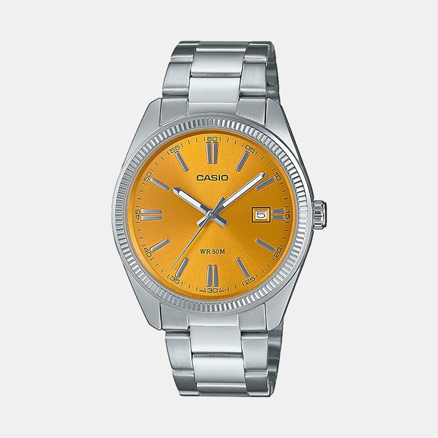 Casio Enticer Men Quartz Yellow Dial Analog Stainless Steel Watch A2369