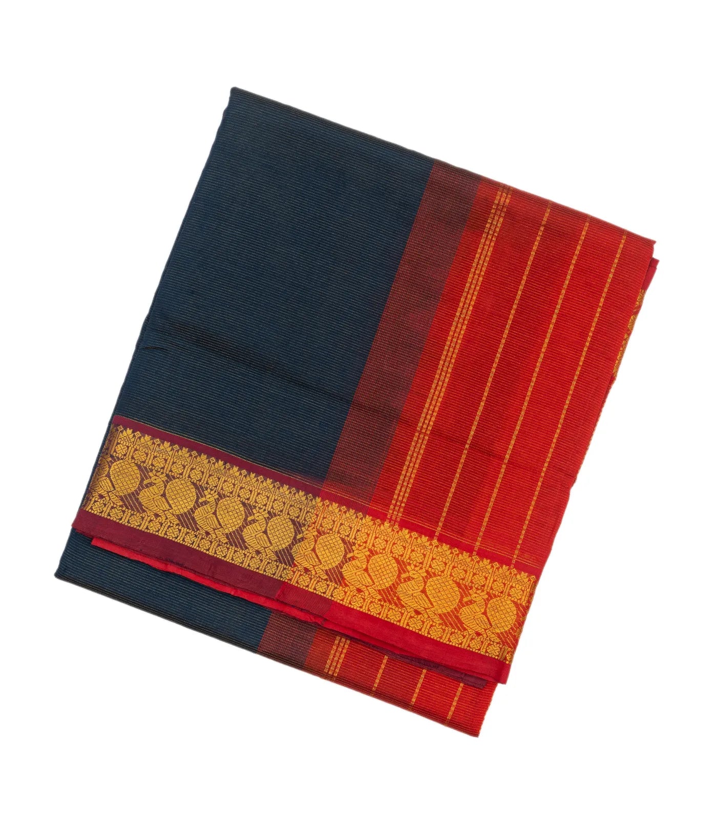 RmKV Midnight Blue Handloom Silk Cotton Saree With Zari Stripes