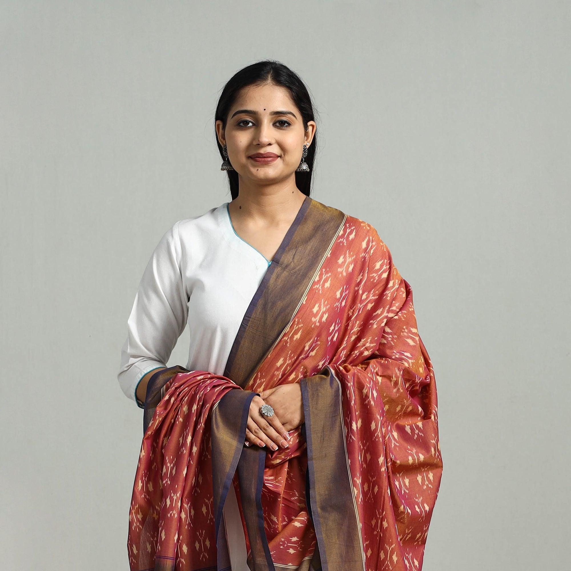 itokri crafts initiative Brown - Handloom Mercerized Cotton Pochampally Ikat Dupatta 04 - view 3