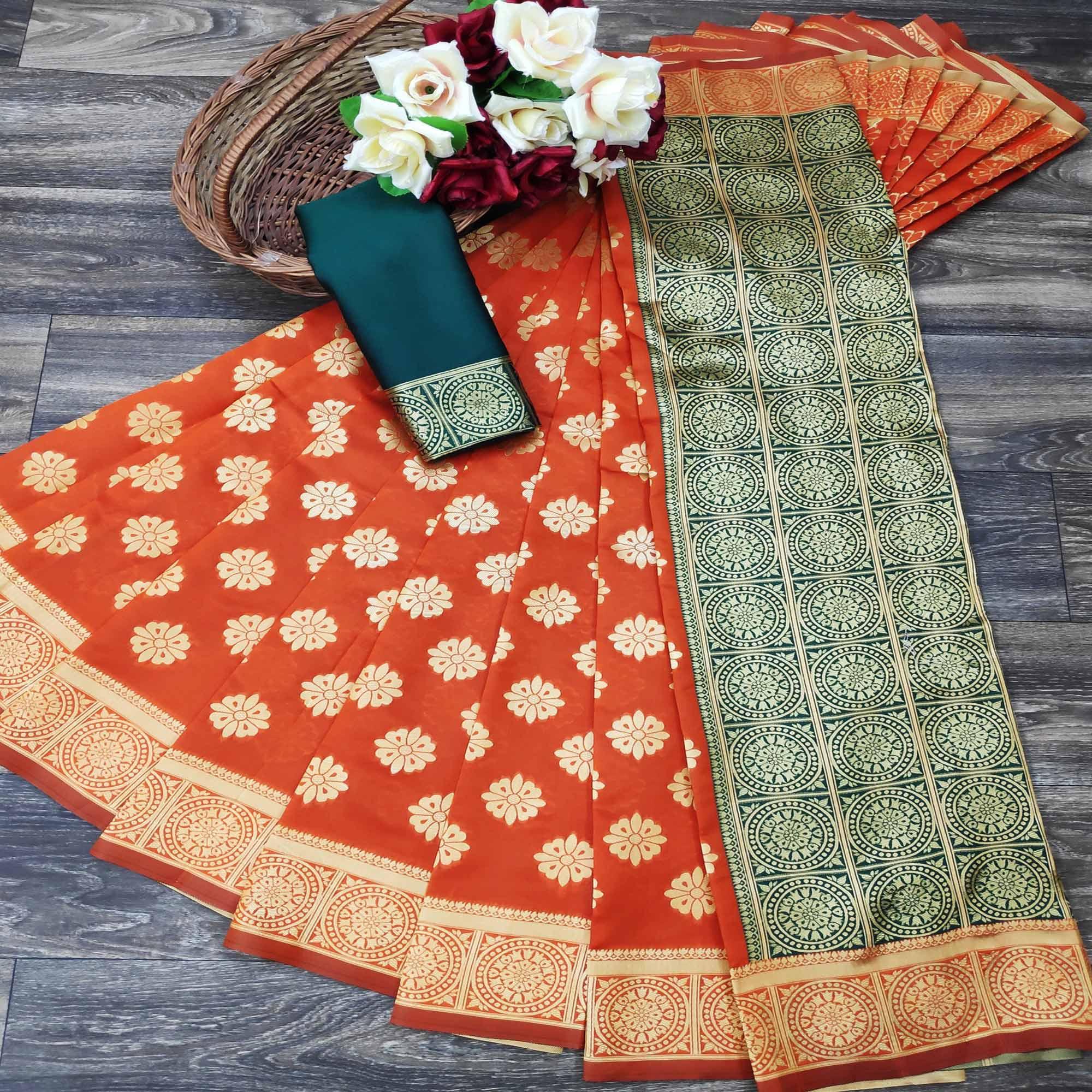 Peachmode Flamboyant Orange Colored Festive Wear Woven Jacquard Saree