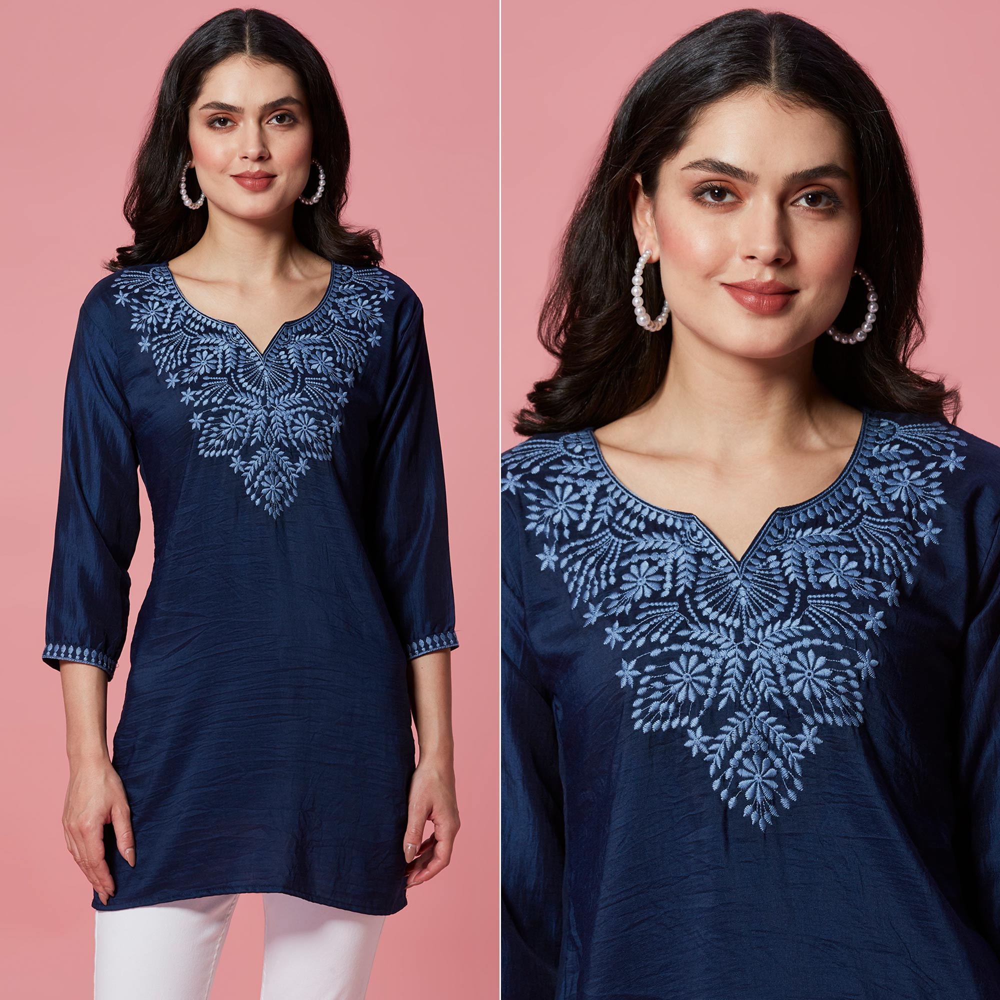 Peachmode Dark Blue Embroidered Cotton Blend Top
