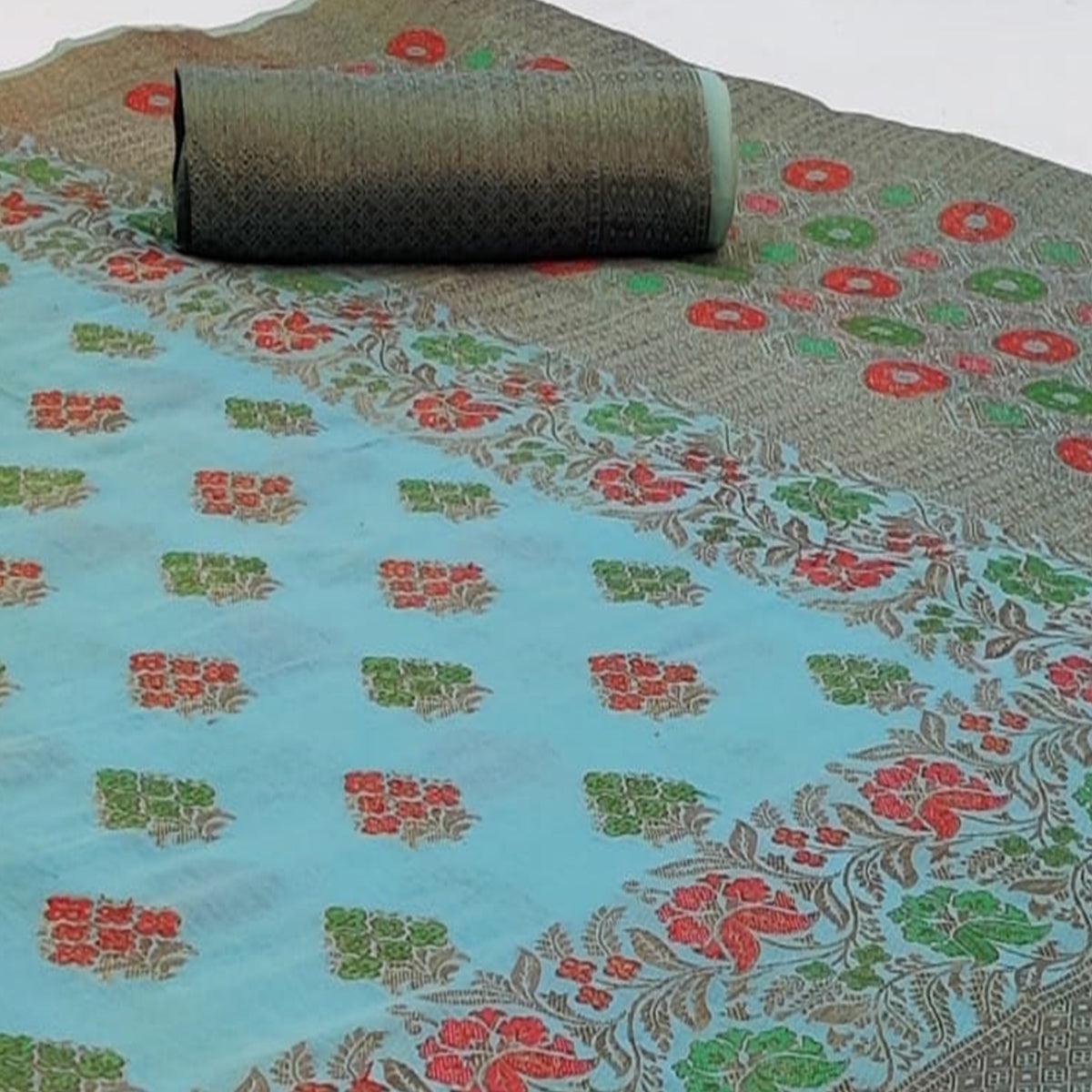 Peachmode Exclusive Blue Colored Festive Wear Woven Cotton Saree - view 2