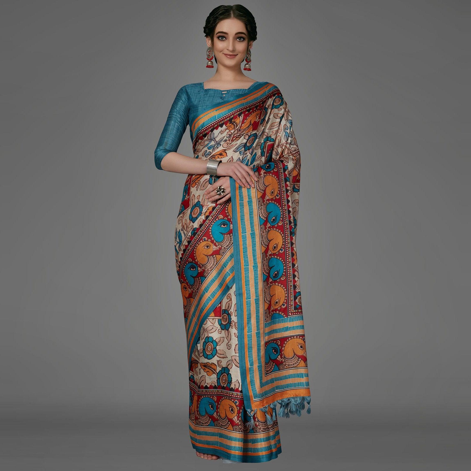 Peachmode Cream Casual Art Silk Printed Saree With Unstitched Blouse