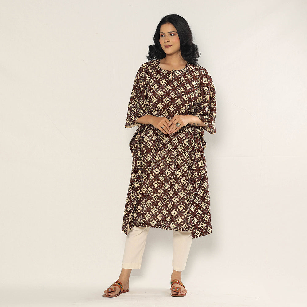 ITOKRI CASUALS Brown - Bagru Dabu Block Printing Cotton Kaftan Dress (Medium)