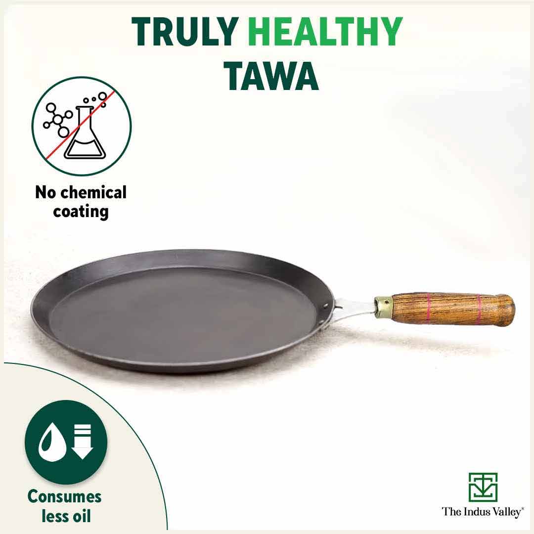 The Indus Valley 100% Pure Sheet Iron Tawa, Wooden Handle, Seasoned, Toxin-free, Induction, 26cm, 1kg - view 4