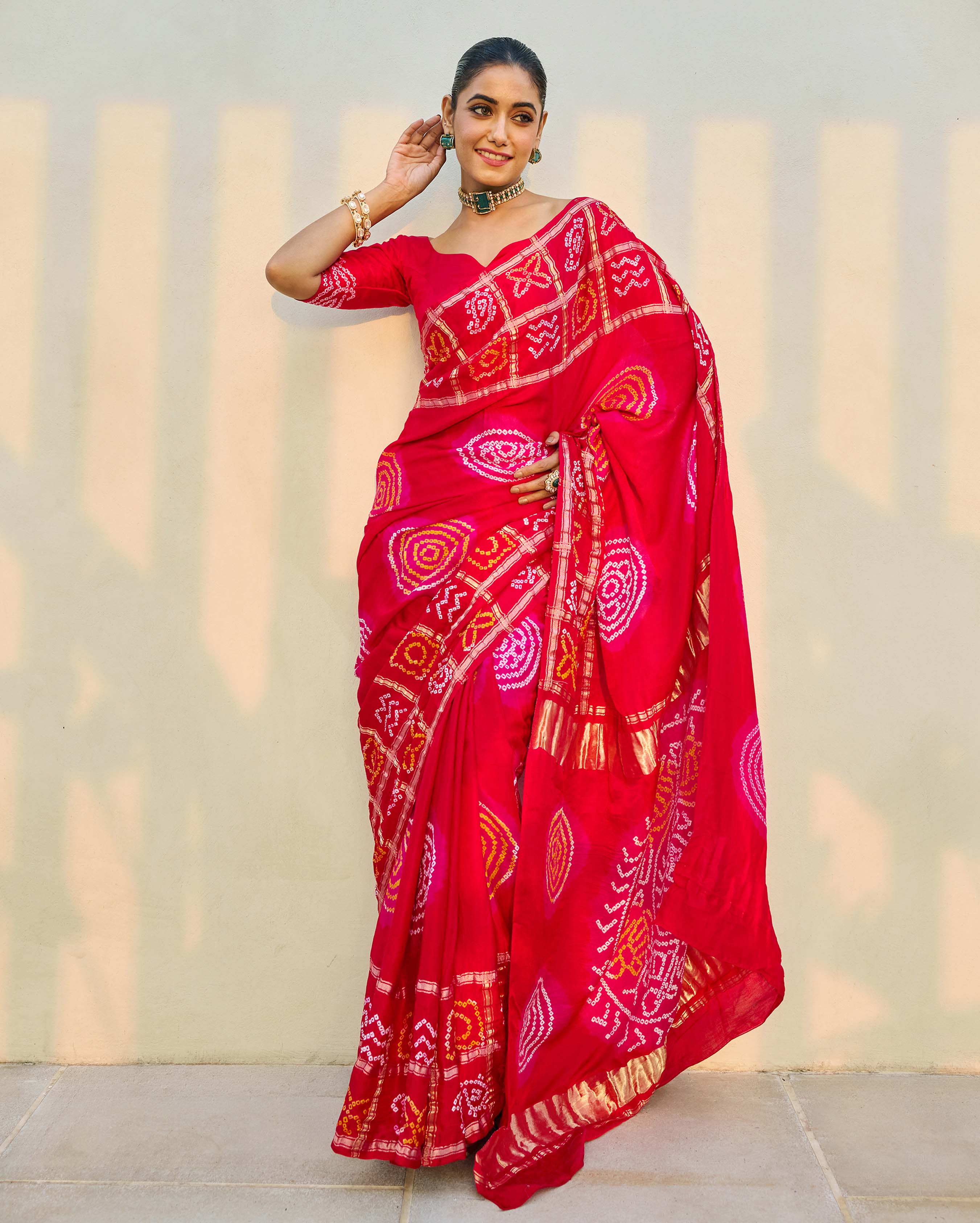 Aachho Moonlit Harmony Red Silk Bandhani Saree - view 5