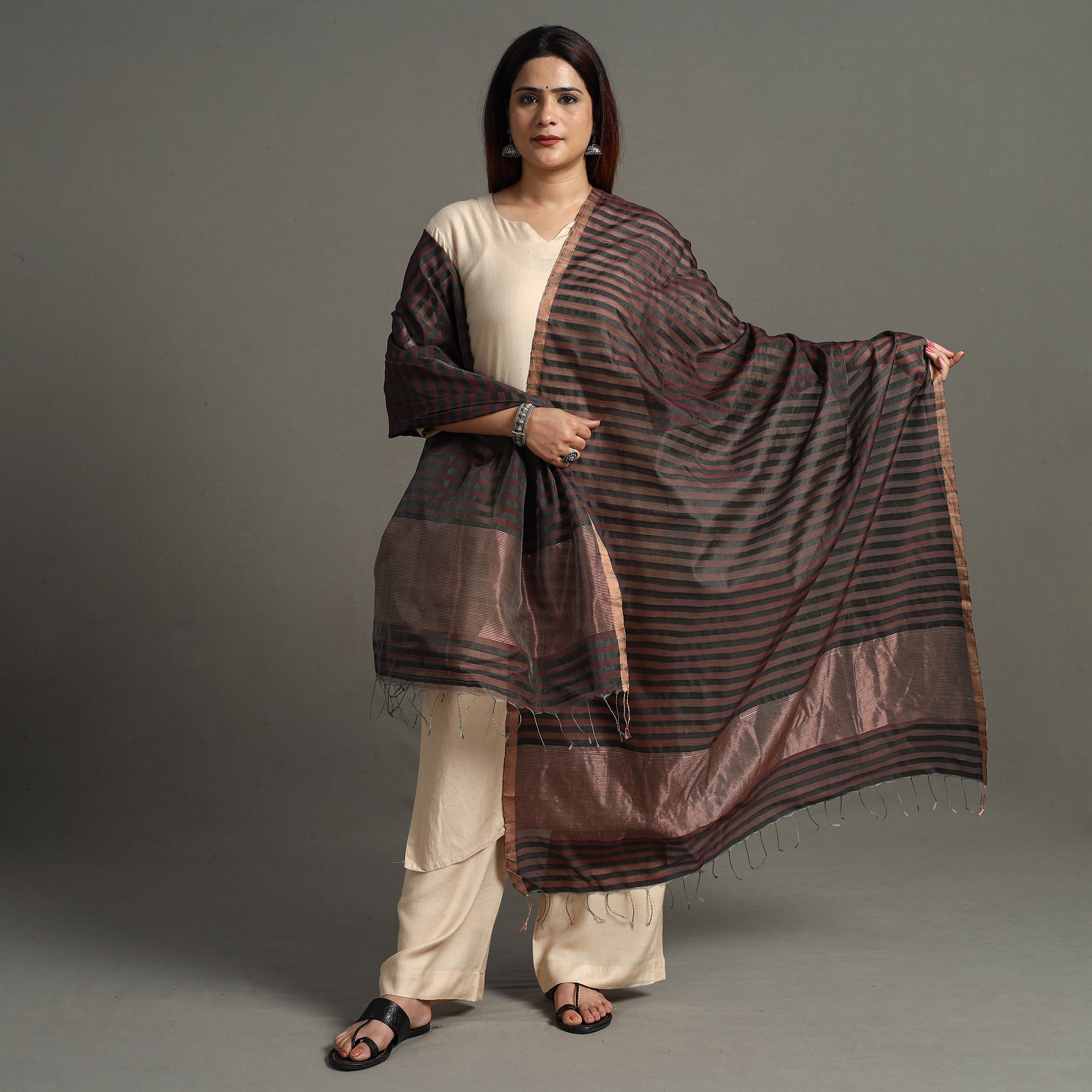 ITOKRI CRAFTS INITIATIVE Black - Traditional Chanderi Silk Handloom Zari Buti Dupatta with Tassels 26 - view 2