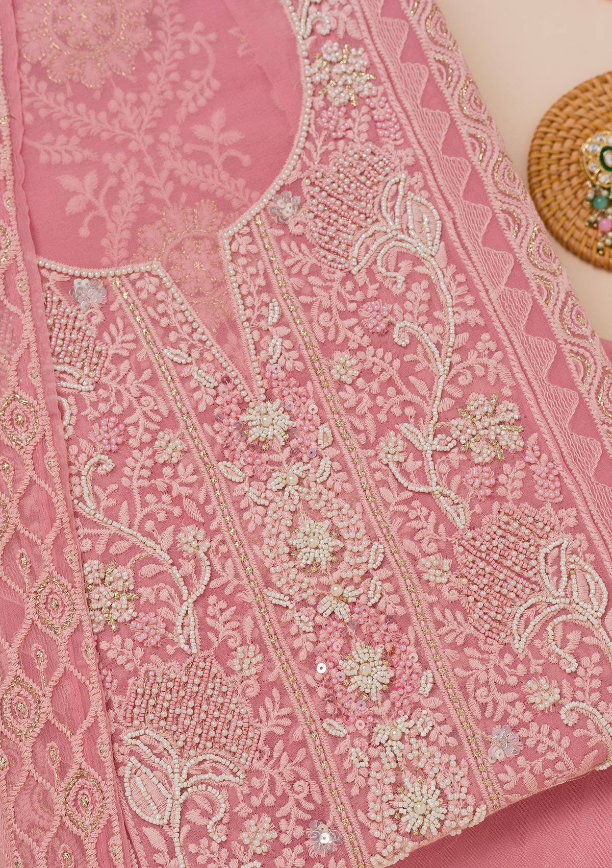 Koskii Pink Chikankari Georgette Unstitched Salwar Suit - view 2