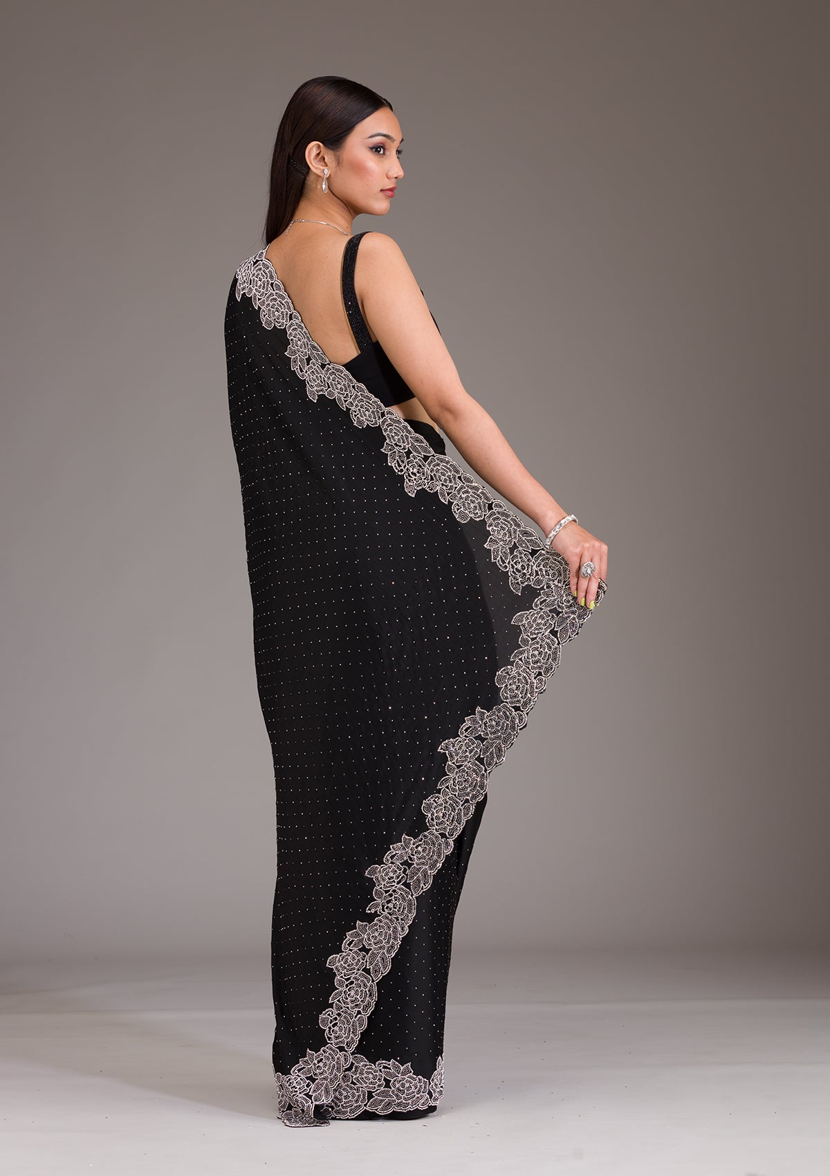 Koskii Black Swarovski Satin Saree – Women's - view 2