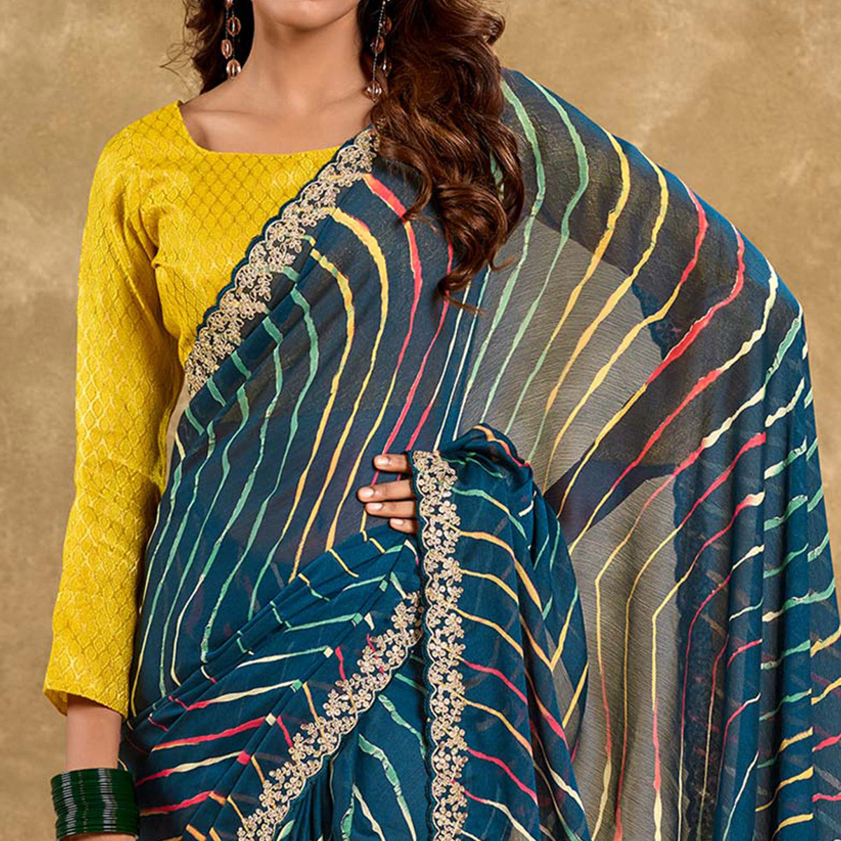 Peachmode Morpich Blue Printed Chiffon Saree With Sequins Border - view 5