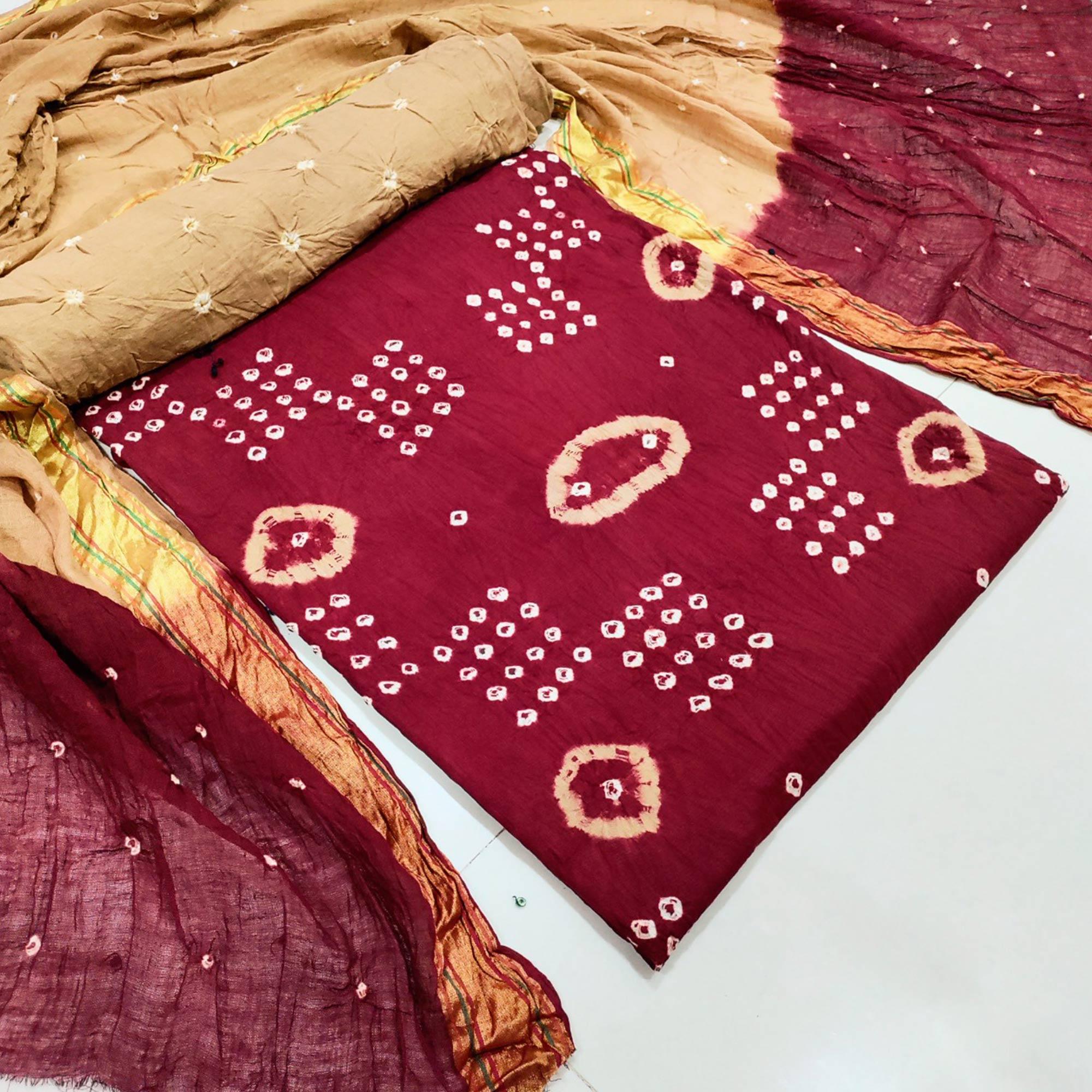 Peachmode Maroon Casual Wear Hand Bandhej Cotton Dress Material