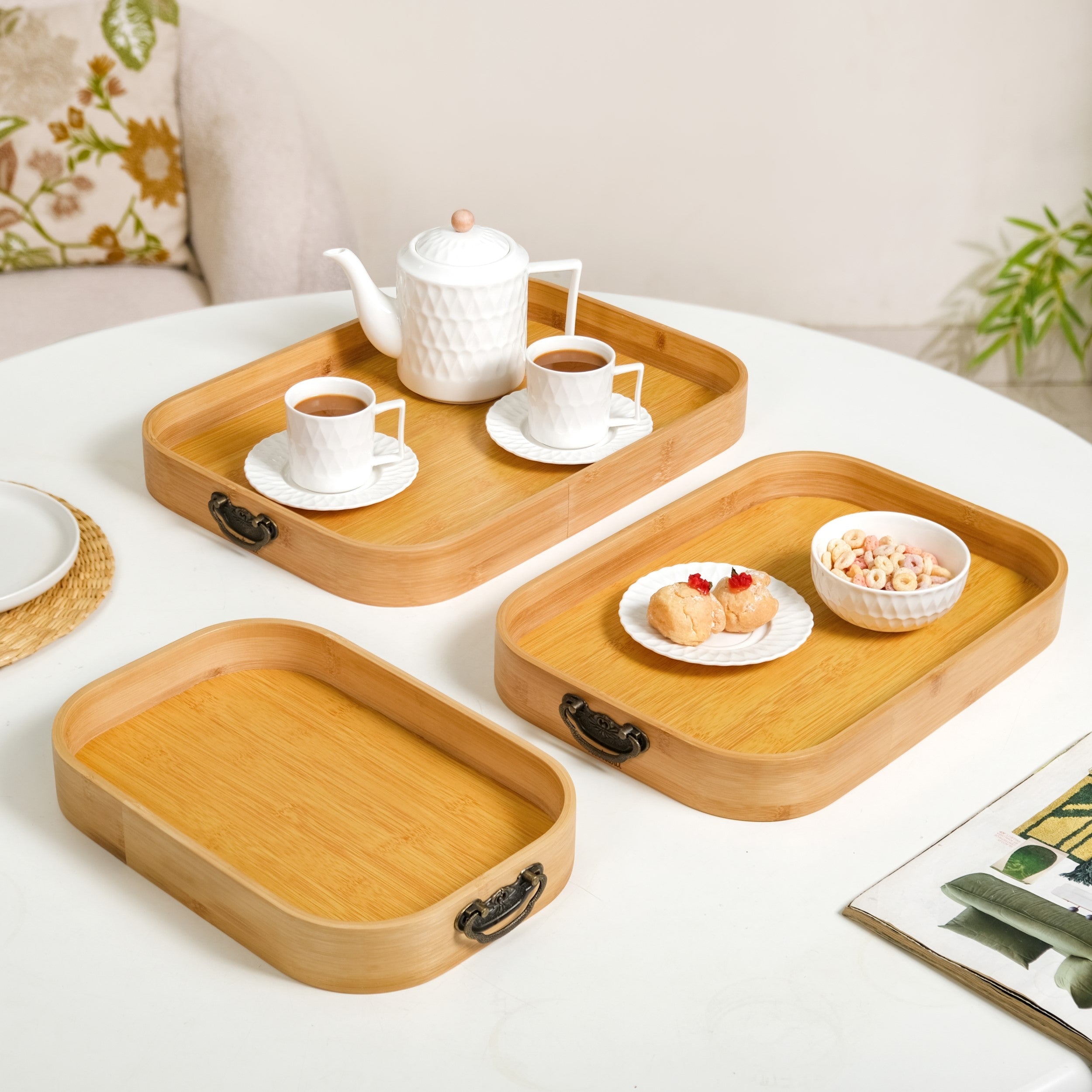Nestasia Set Of 3 Bamboo Wood Serving Trays With Handles