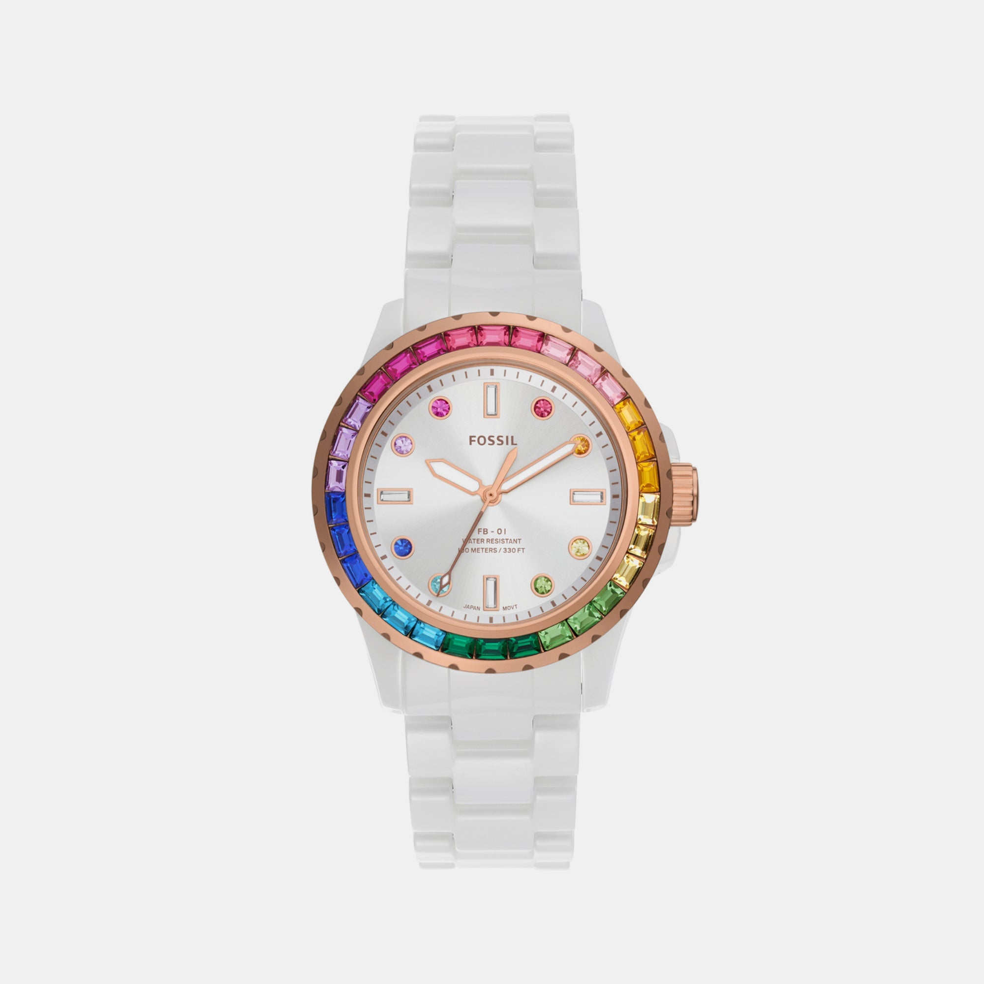 Fossil Fb-01 Women Quartz Silver Dial Analog Ceramic Watch CE1129
