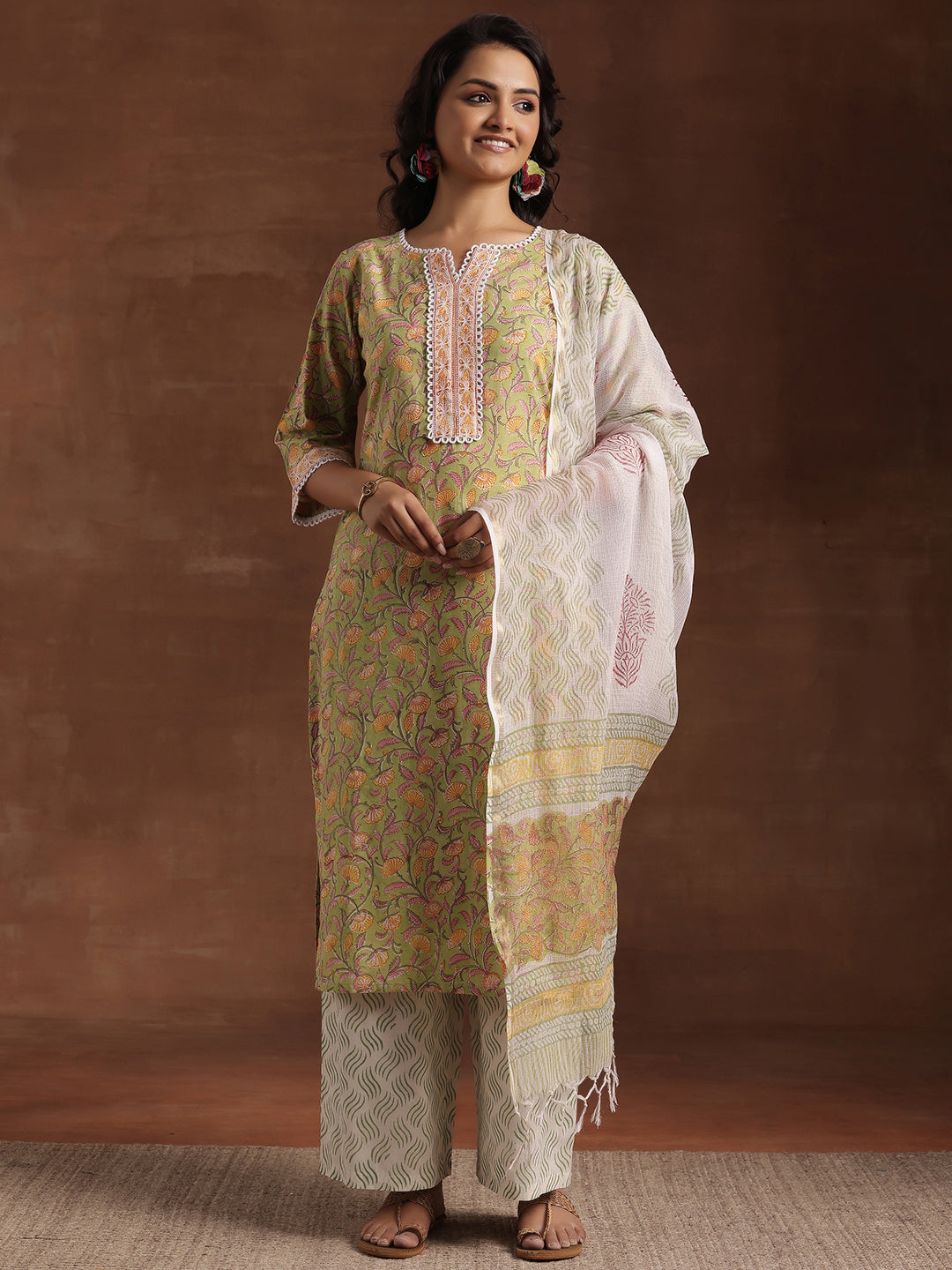 Libas Green Printed Cotton Straight Suit With Dupatta - view 2