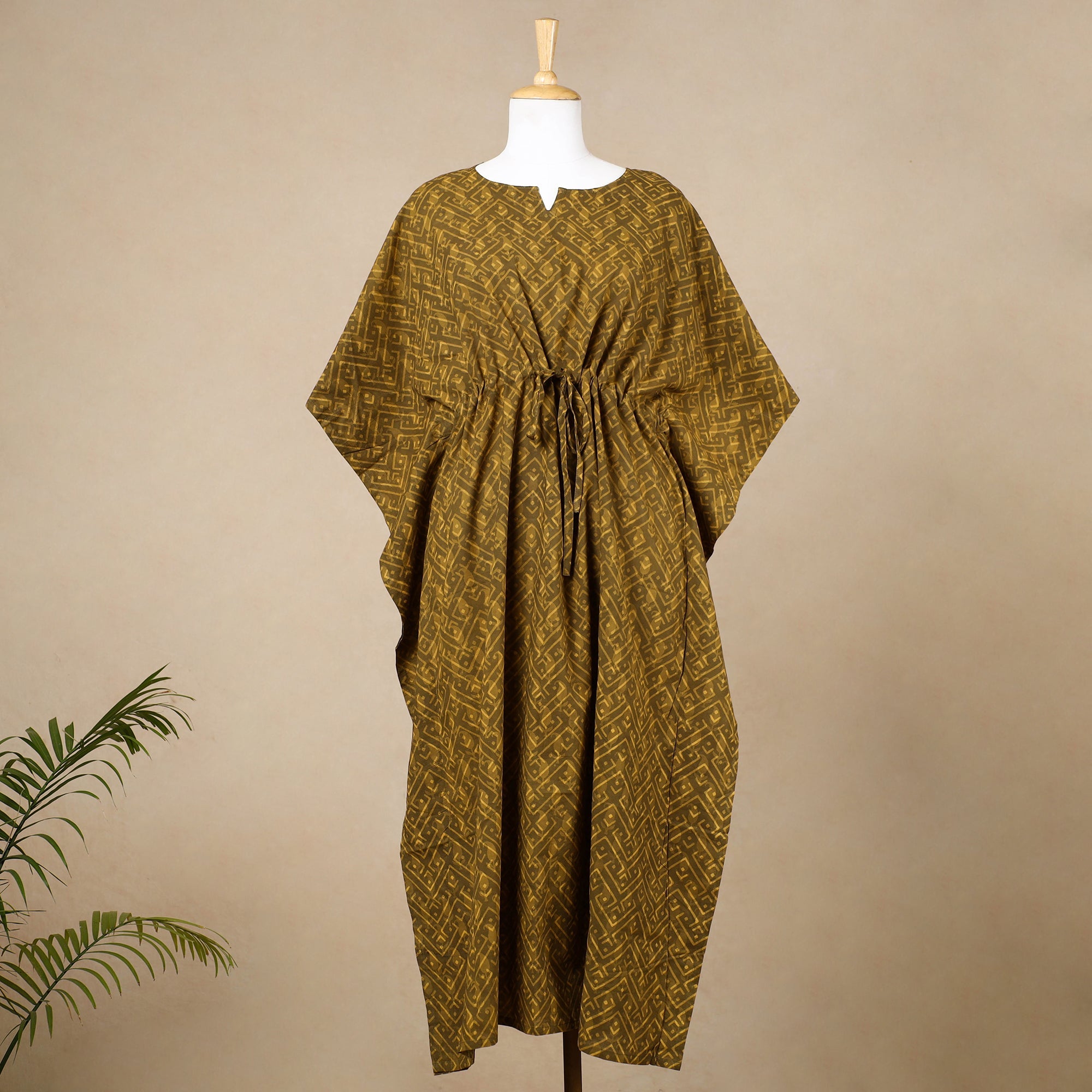 CHUTNEY CRAFT STUDIO Brown - Hand Block Printed Cotton Kaftan with Tie-Up Waist (Long)
