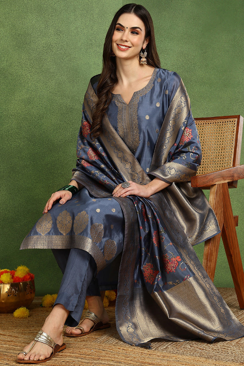 Ahika Blue Chanderi Solid Woven Design Jacquard Straight Suit Set With Trouser Bottom PKSKD2677