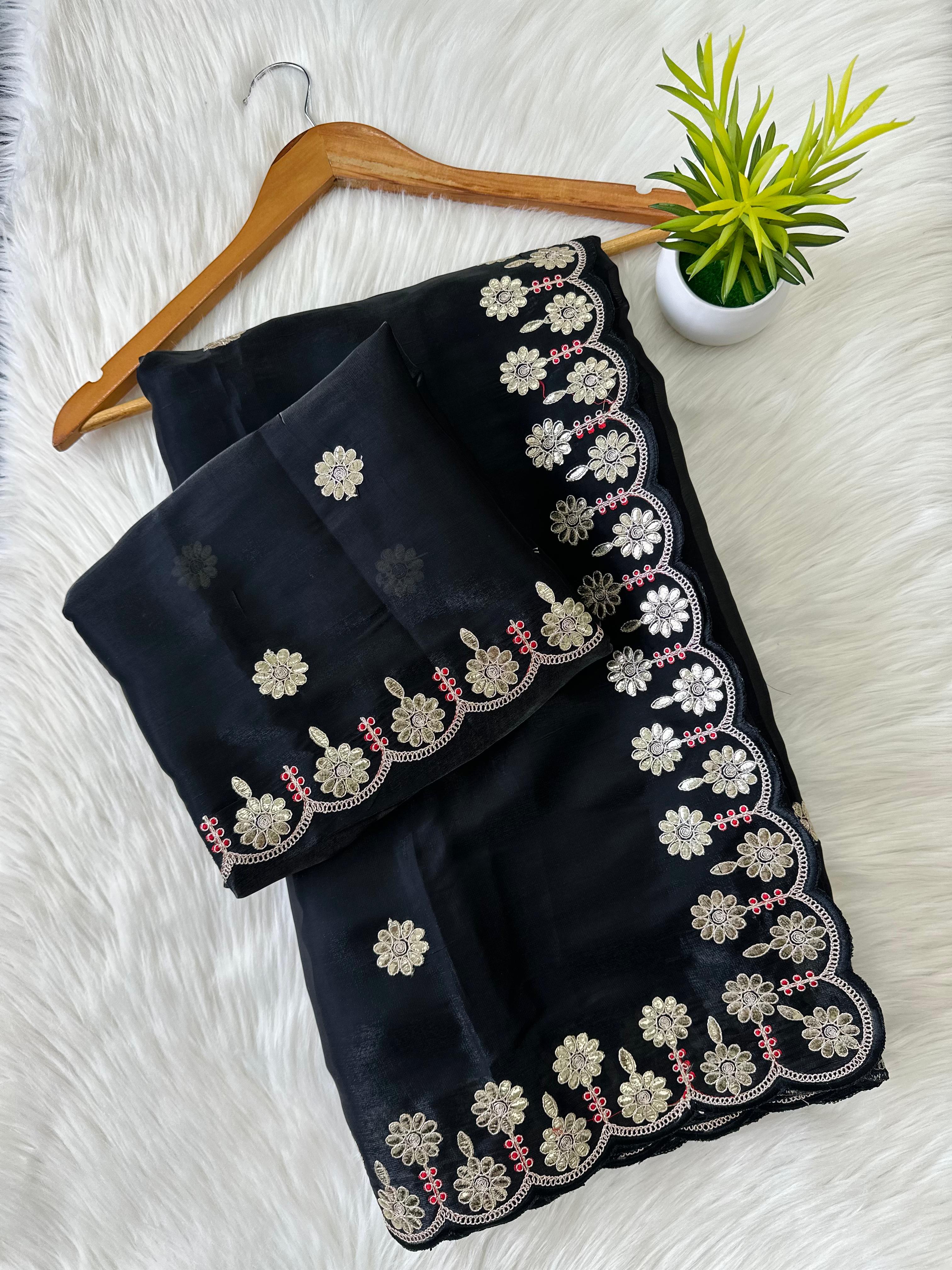 ClothsVilla Black Jimmy Choo Saree with Beautiful Jaipuri Gota Work – Complete with Matching Running Blouse