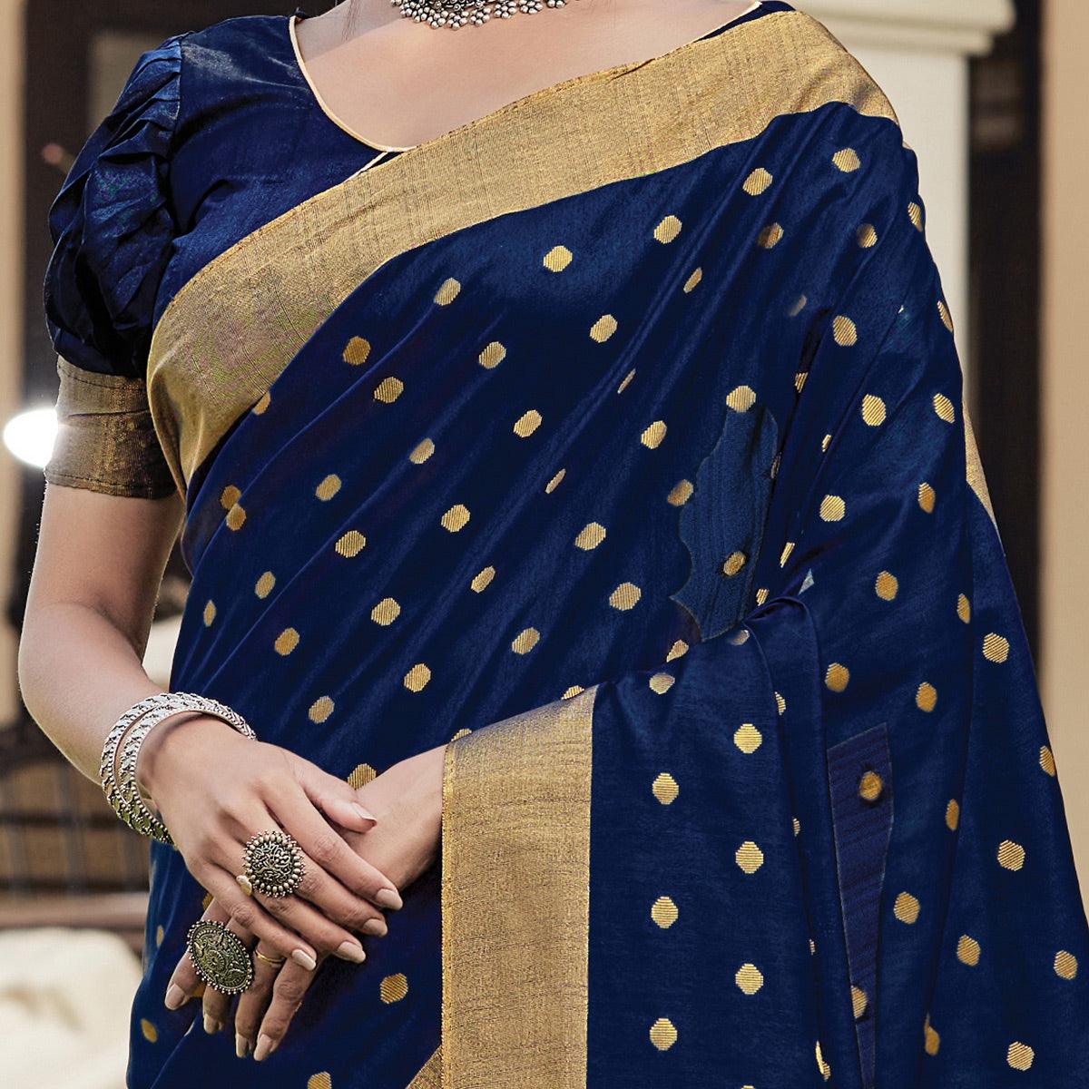 Peachmode Majesty Navy Blue Coloured Casual Wear Woven Handloom Silk Saree - view 2
