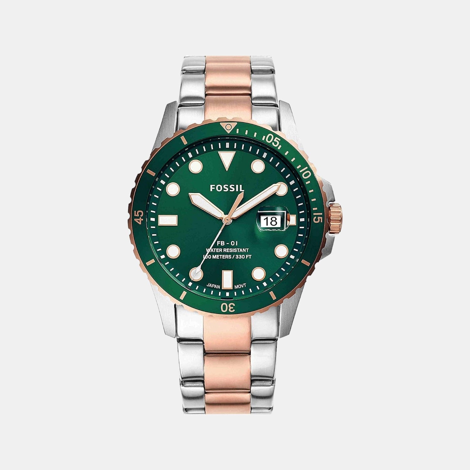 Fossil Fb-01 Men Quartz Green Dial Analog Stainless Steel Watch FS5743