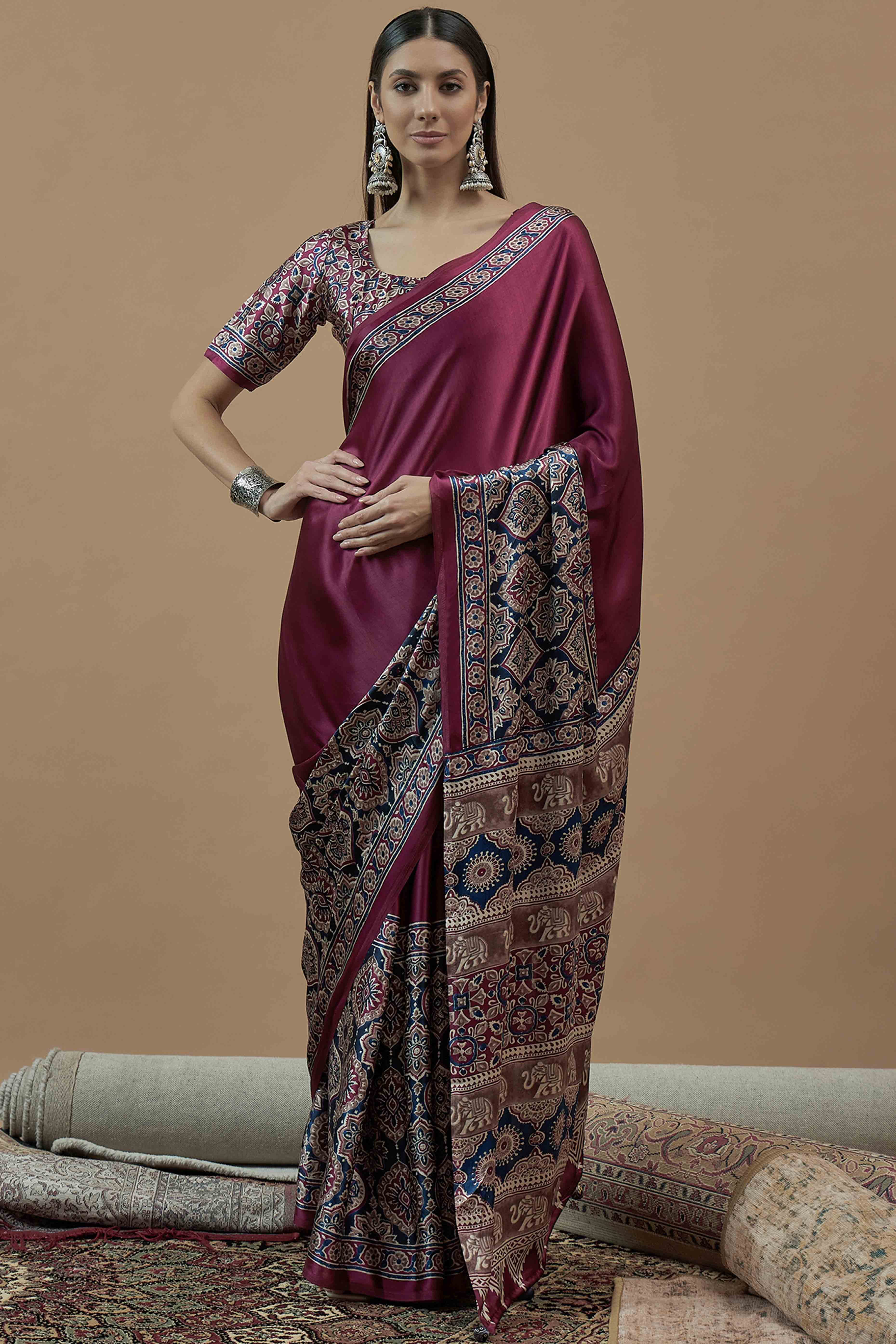 Peachmode Dark Magenta Floral Ajrakh Printed Satin Saree With Tassels