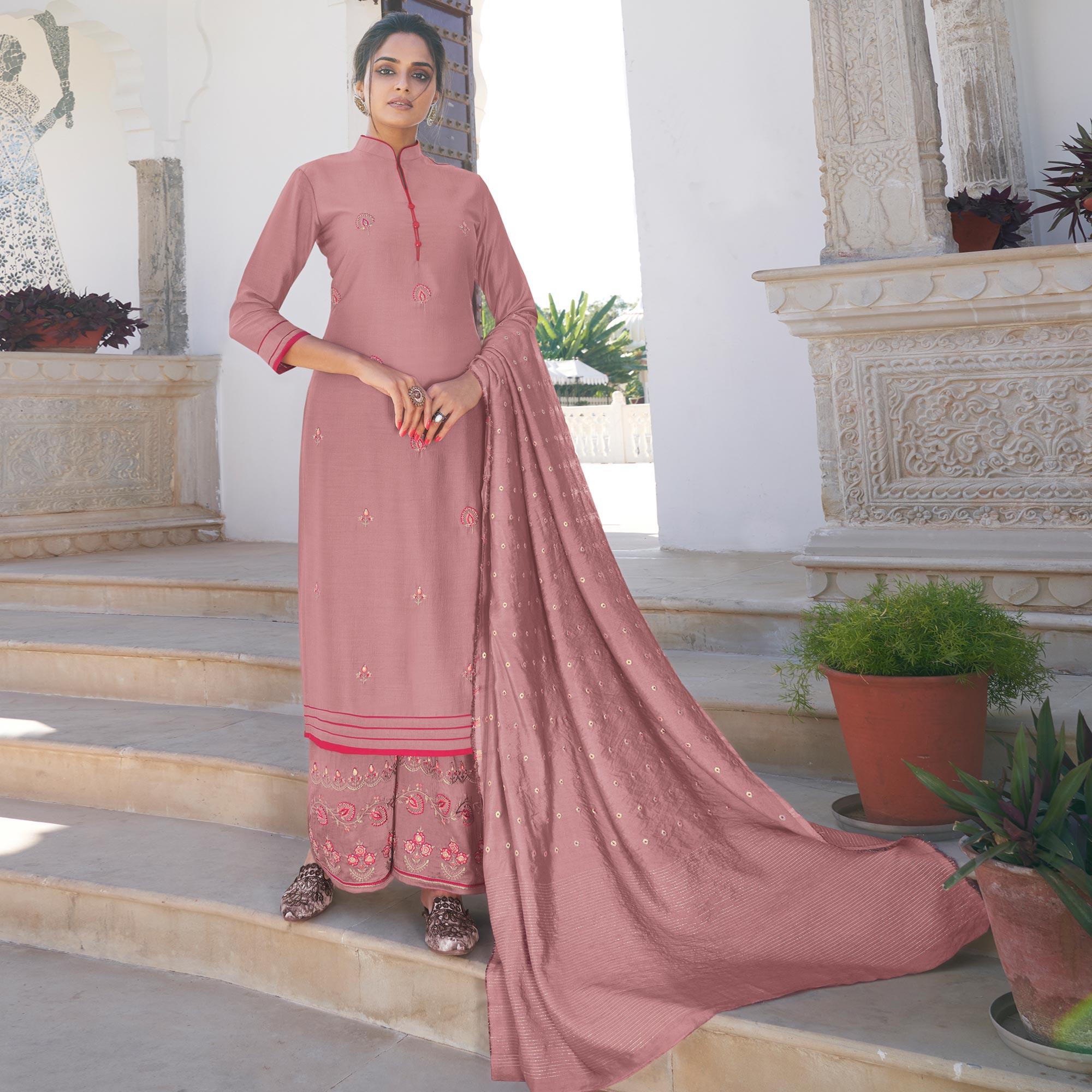 Peachmode Seller Mauve Casual Wear Embroidered Pure Modal Viscose Palazzo Suit