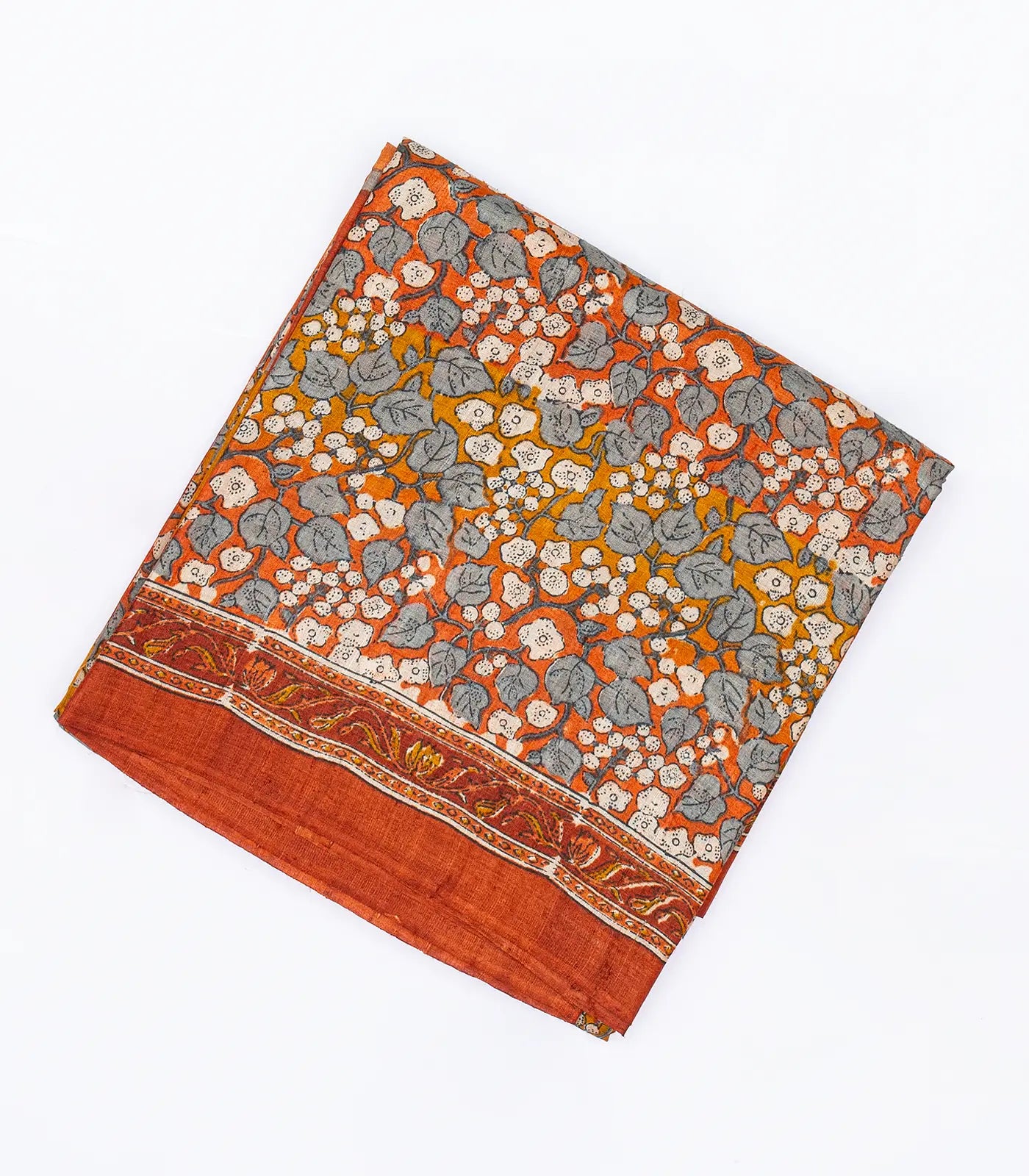 RmKV Rust Handloom Tussar Silk Saree With Printed Floral Motifs