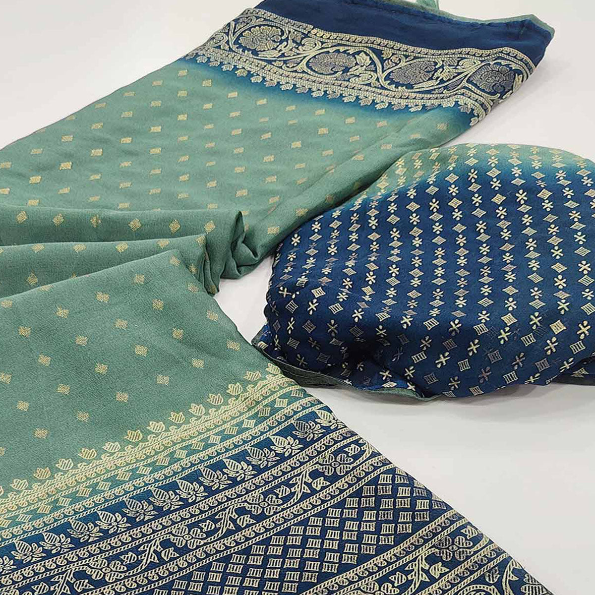 Peachmode Dusty Green Foil Printed Georgette Saree - view 2
