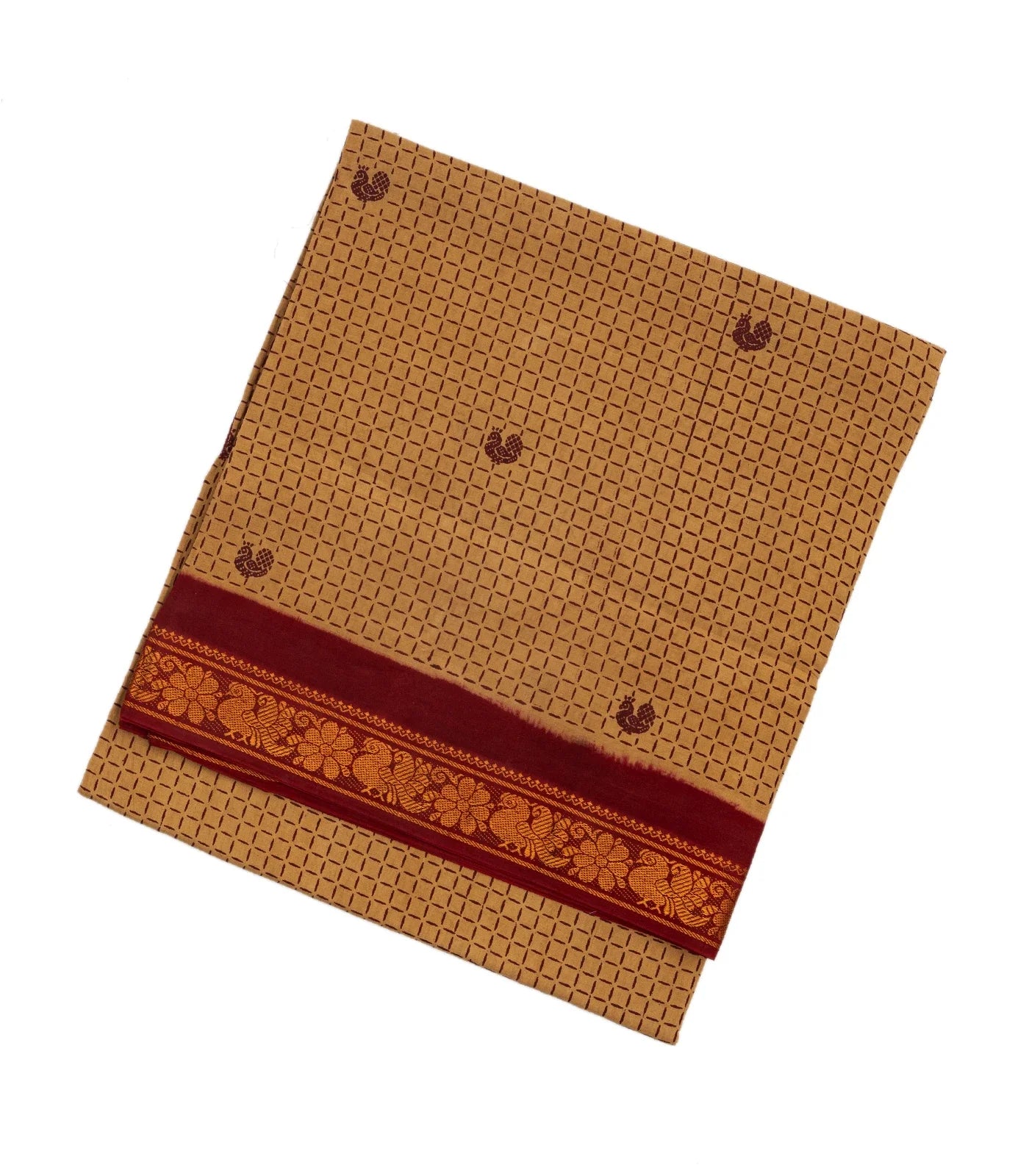 RmKV Beige Sungudi Cotton Saree With Checks & Annam Motifs