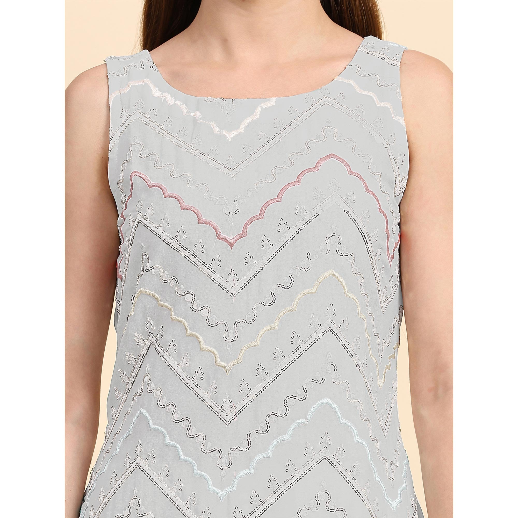 Peachmode Grey Sequins Embroidered Georgette Semi Stitched Suit - view 9