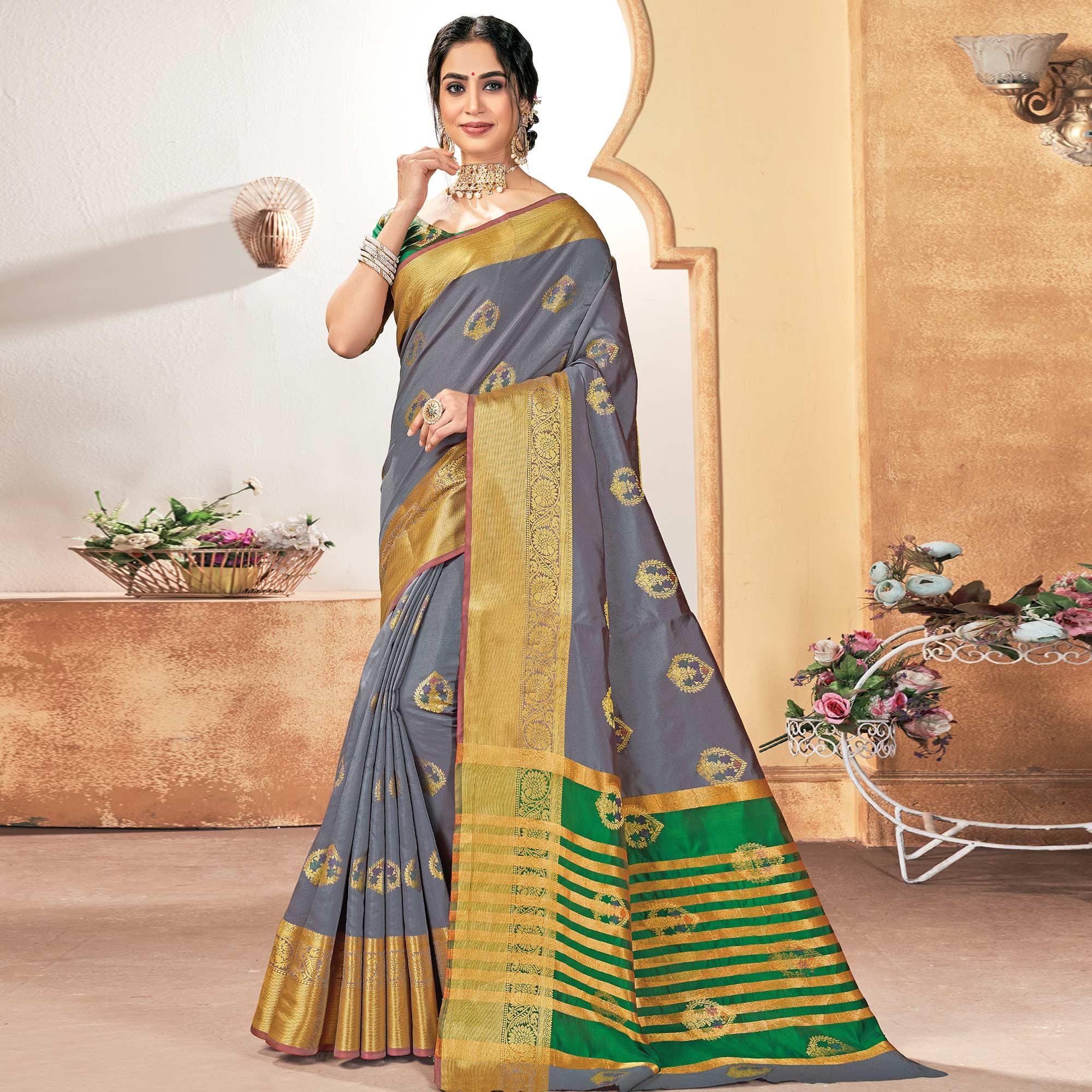 Peachmode Innovative Grey Colored Festive Wear Woven Silk Saree