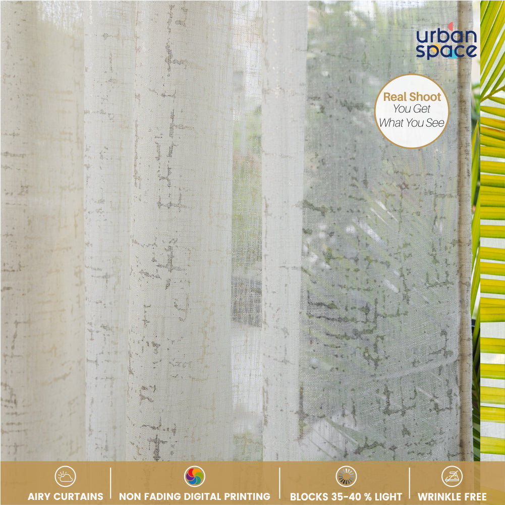 Urban Space -Home Furnishing Store Linen Textured Metallic Gold Foil Sheer Curtains, Pack of 2 Curtains - Sparkle - Butter Cream - view 2