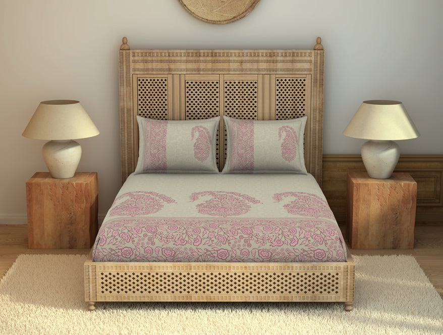 Spaces India Floral Mellow Rose - Blush 100% Cotton King Size Bedsheet - Chamba Rumal - Rangana By Spaces