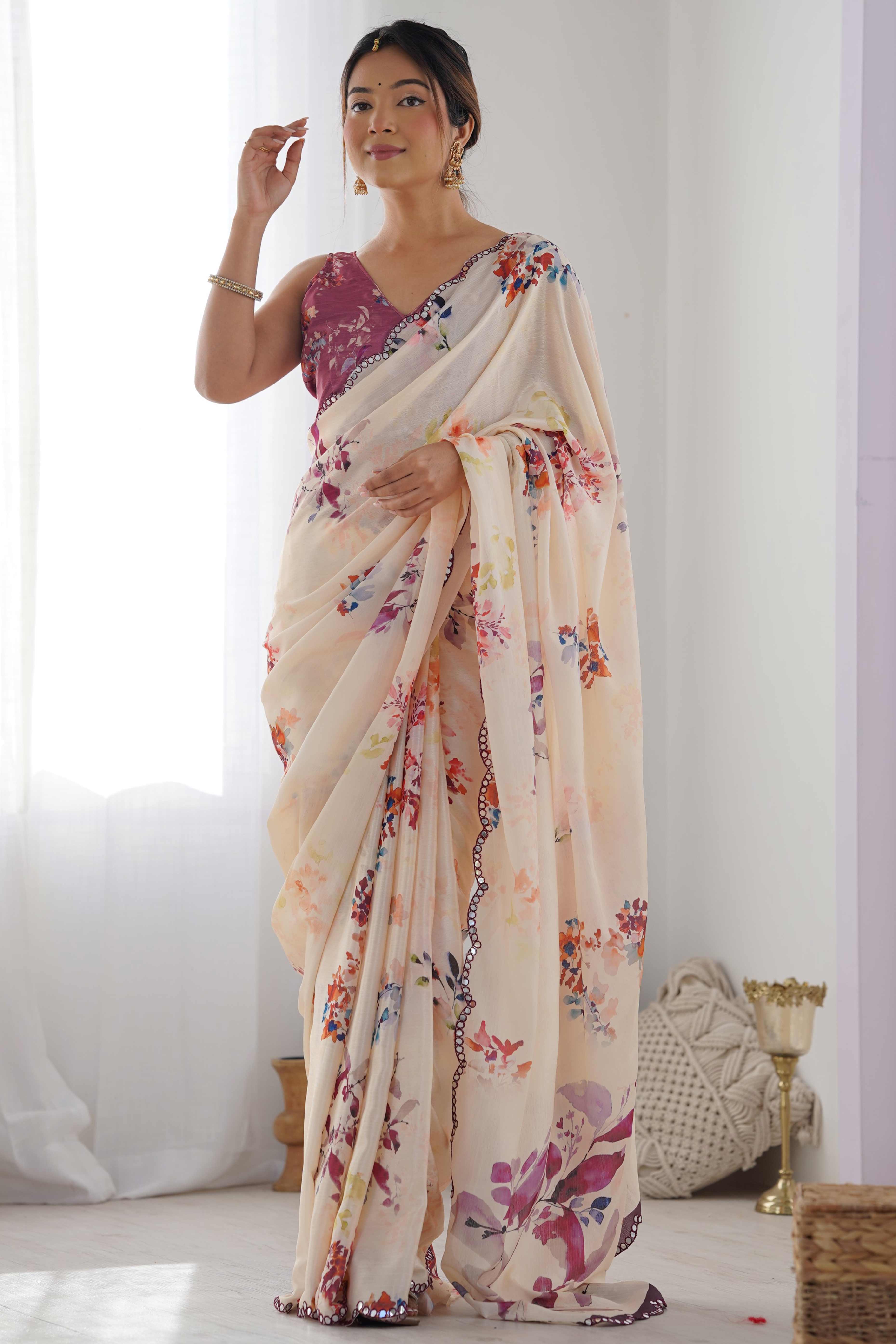 Peachmode Cream Floral Printed Chinon Saree – Women's