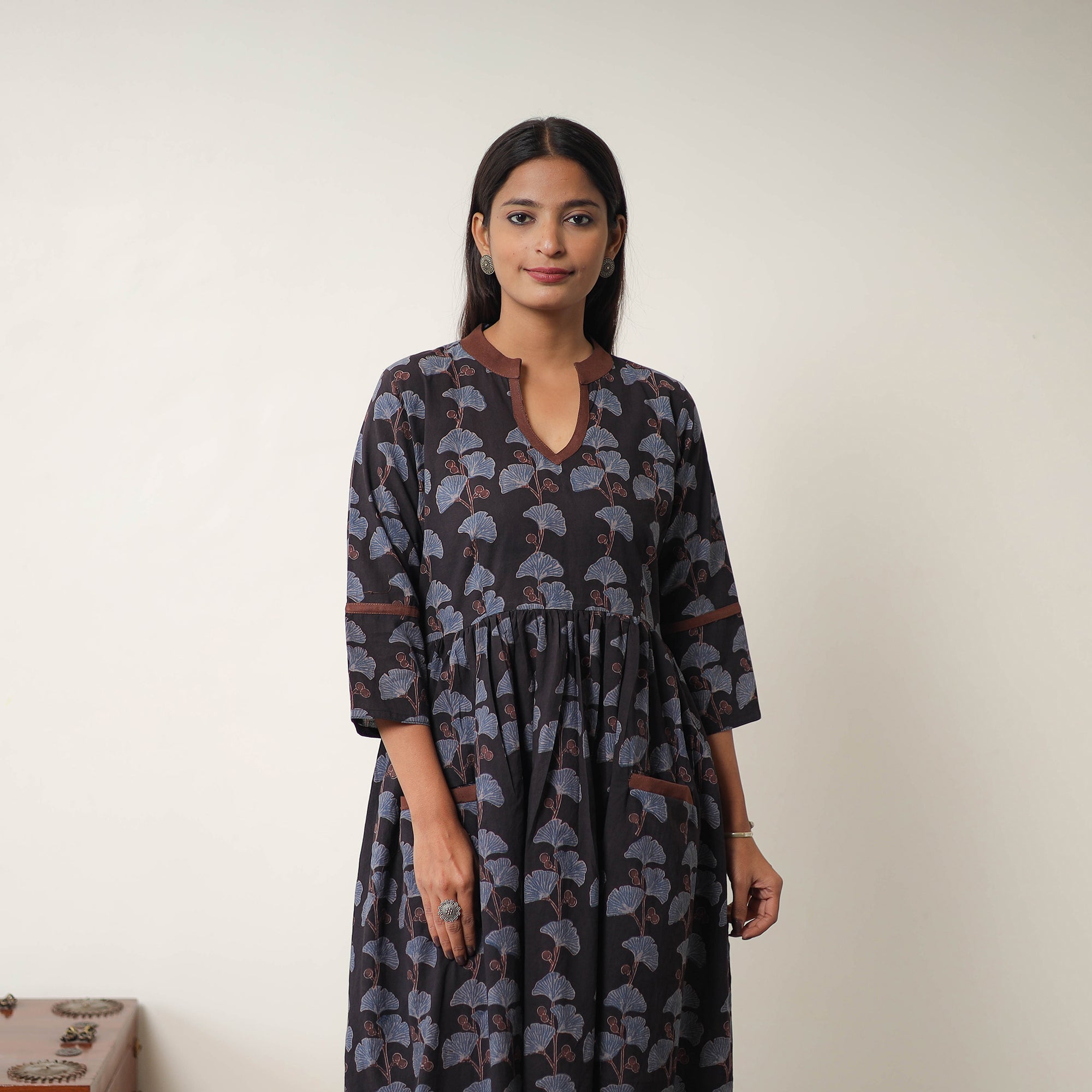ITOKRI CASUALS Black - Hand Block Print Cotton Flared Gher Ajrakh Dress 06