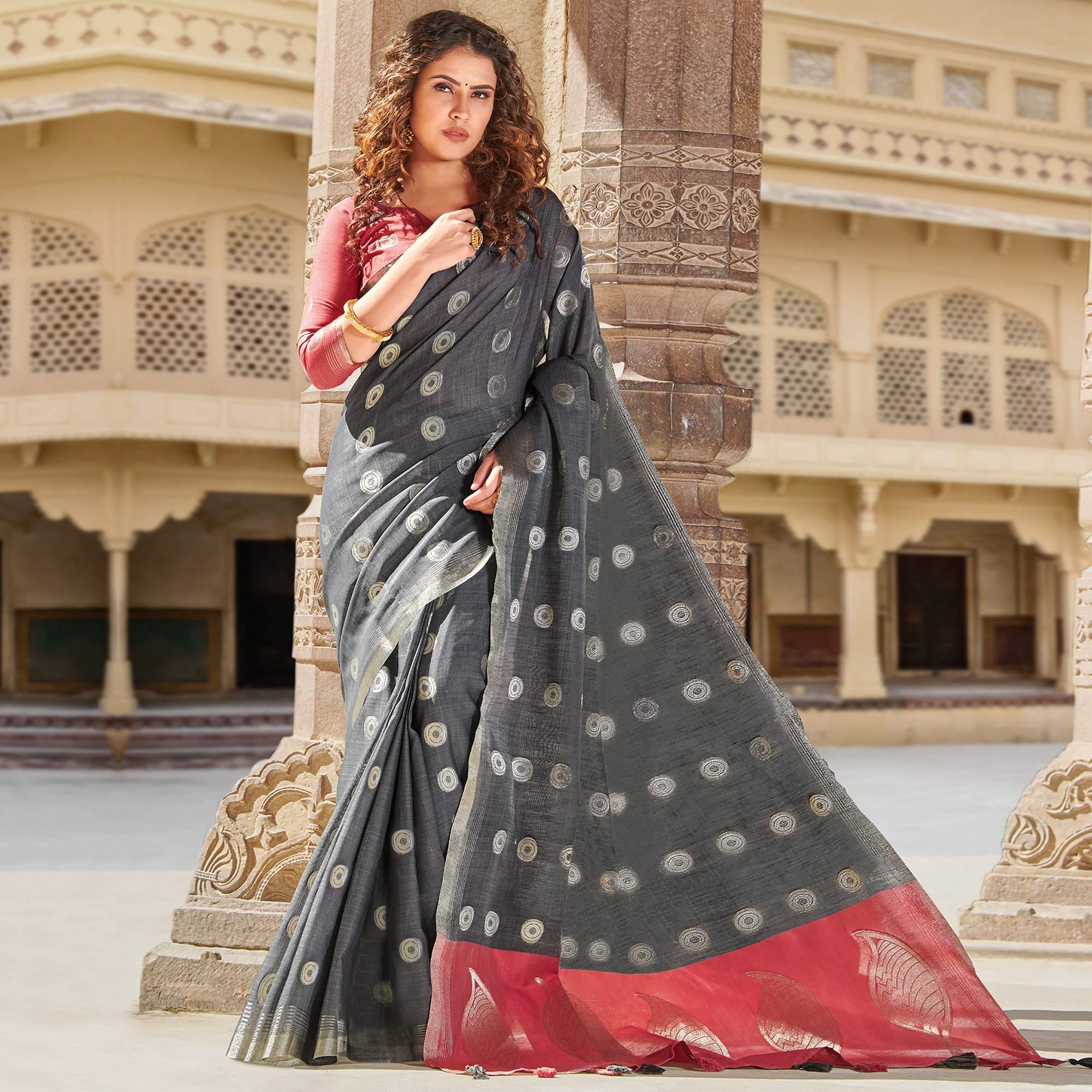 Peachmode Ethnic Grey Colored Festive Wear Woven Linen Cotton Saree With Tassels
