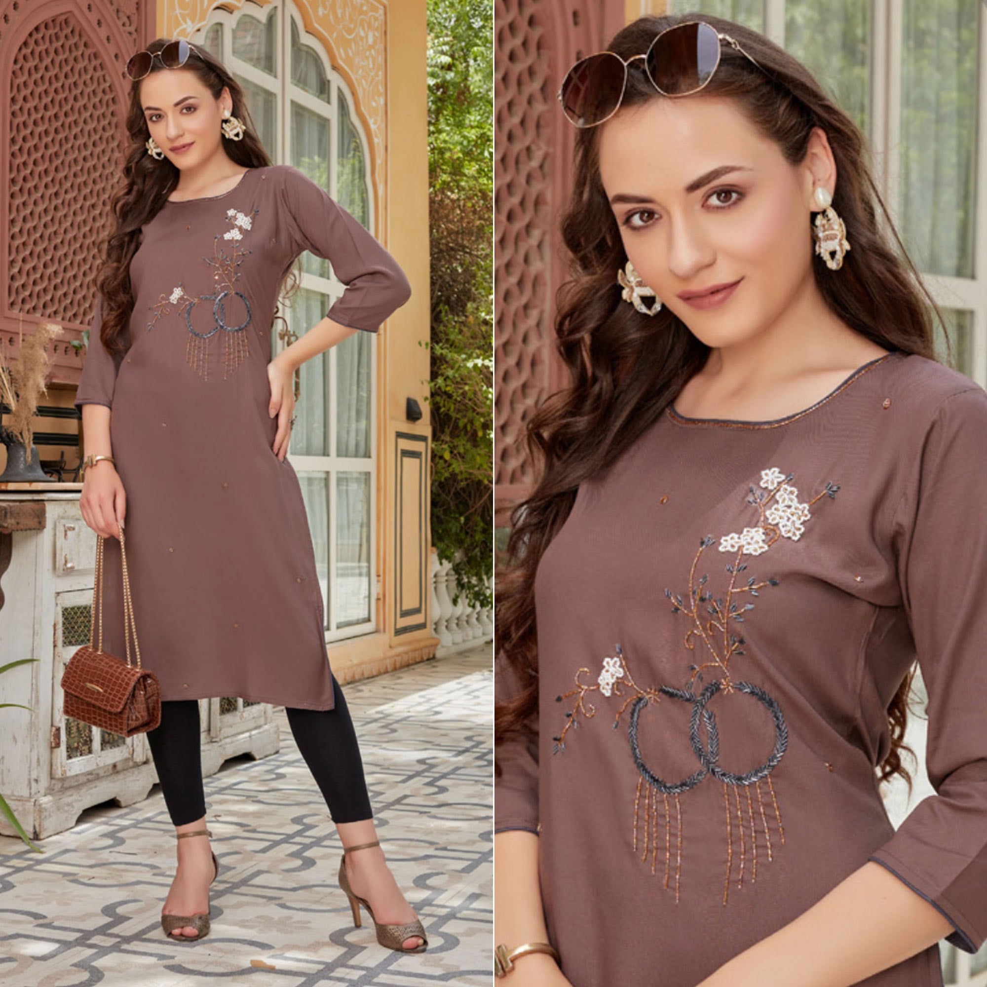Peachmode Brown Embroidered Rayon Kurti – Women's
