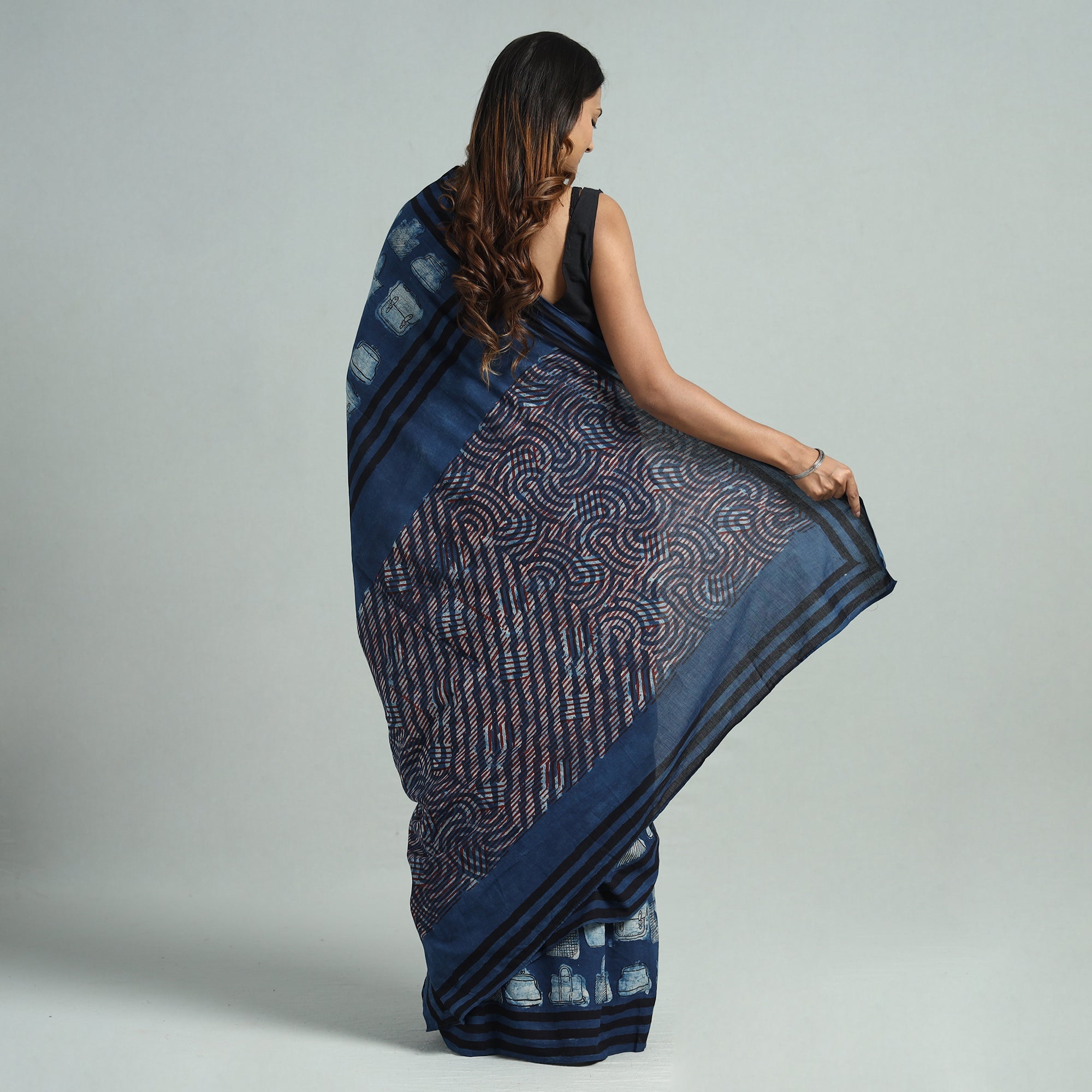 BINDAAS UNLIMITED Blue - Bindaas Art Block Printed Natural Dyed Cotton Saree 11 - view 6