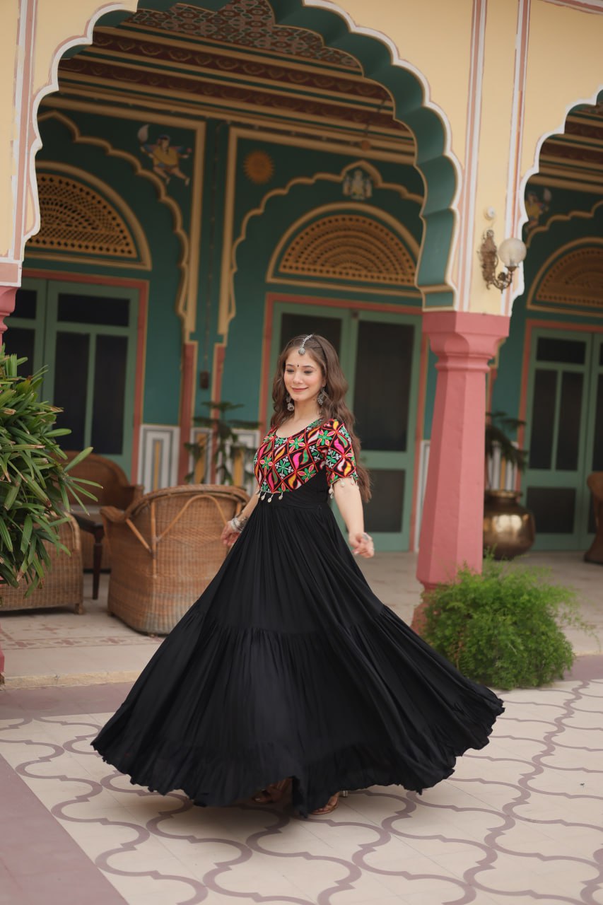 ClothsVilla Black Designer Rayon Gown with Kutchi Gamthi Kodi Work and 3-Layer Gathering Stitch - view 2