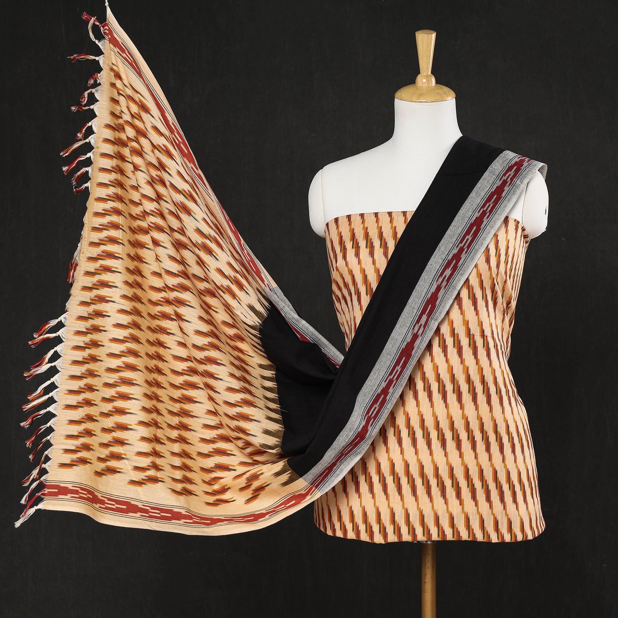 SOUTH KARGHA Beige - 3pc Pochampally Ikat Weave Cotton Suit Material Set