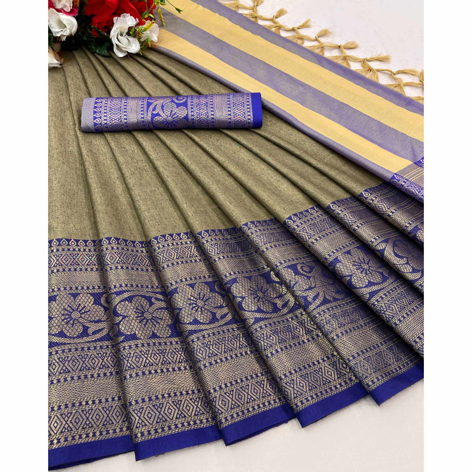Peachmode Chikoo Floral Woven Cotton Silk Saree With Tassels - view 4