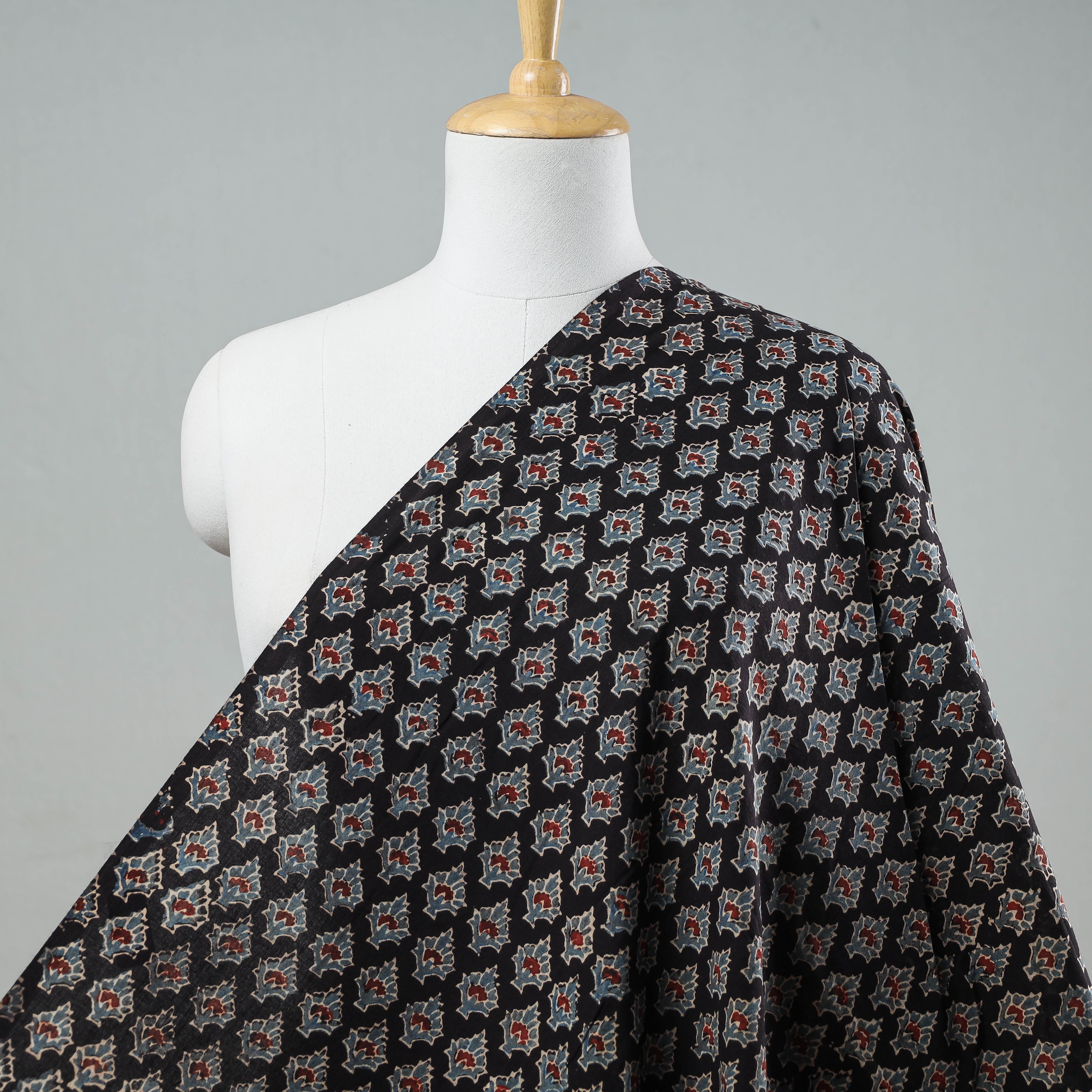 KACHCHH JI CHHAAP Black With Florids Ajrakh Block Printed Cotton Fabric