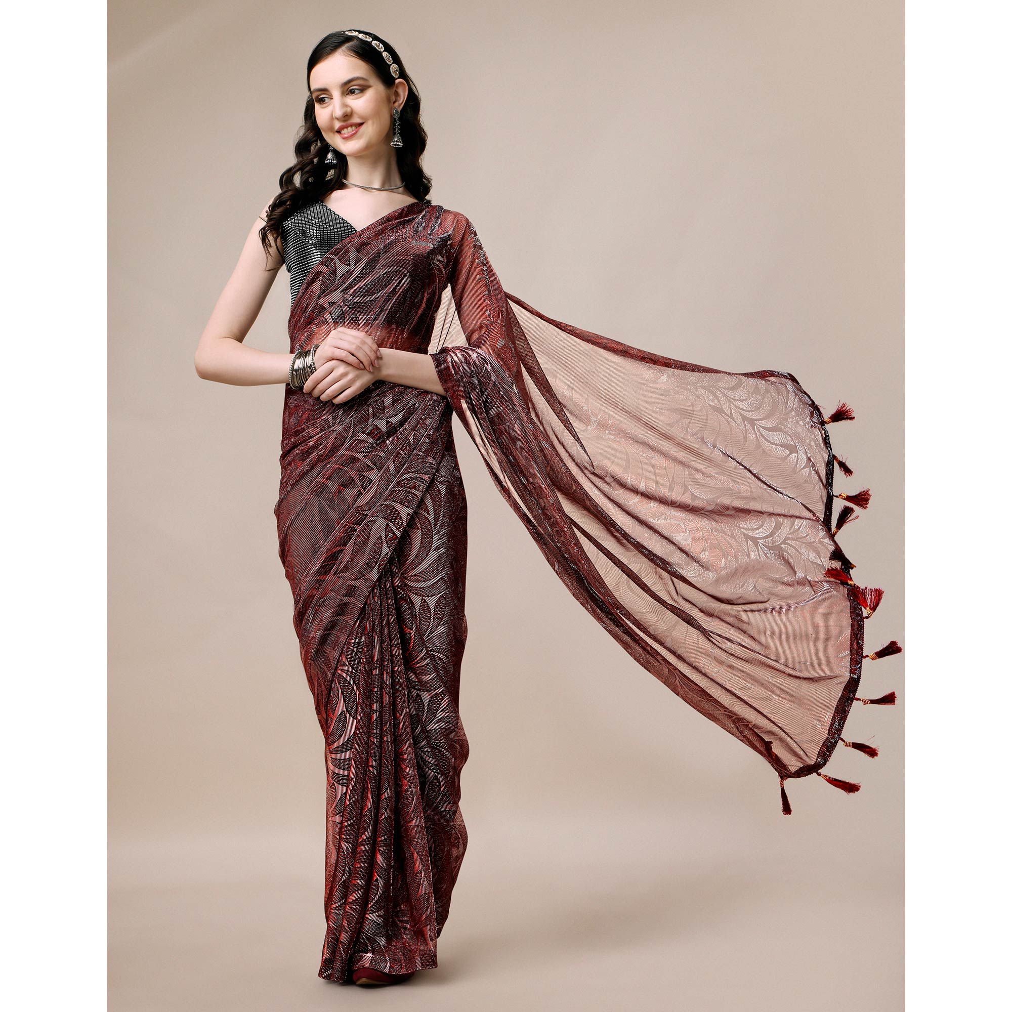 Peachmode Maroon Floral Printed Rayon Saree – Women's - view 4
