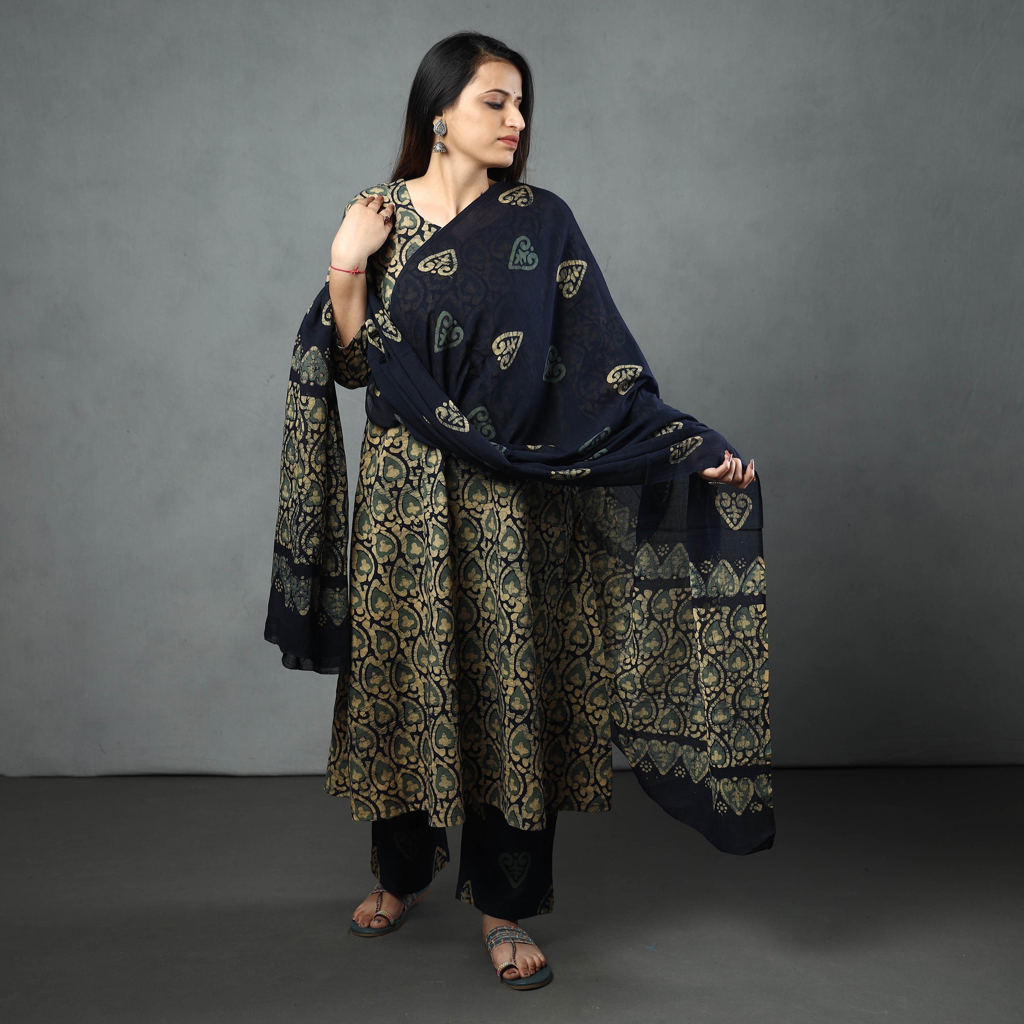 ITOKRI CASUALS Black - Hand Batik Printed Cotton Kurta with Palazzo & Dupatta Set