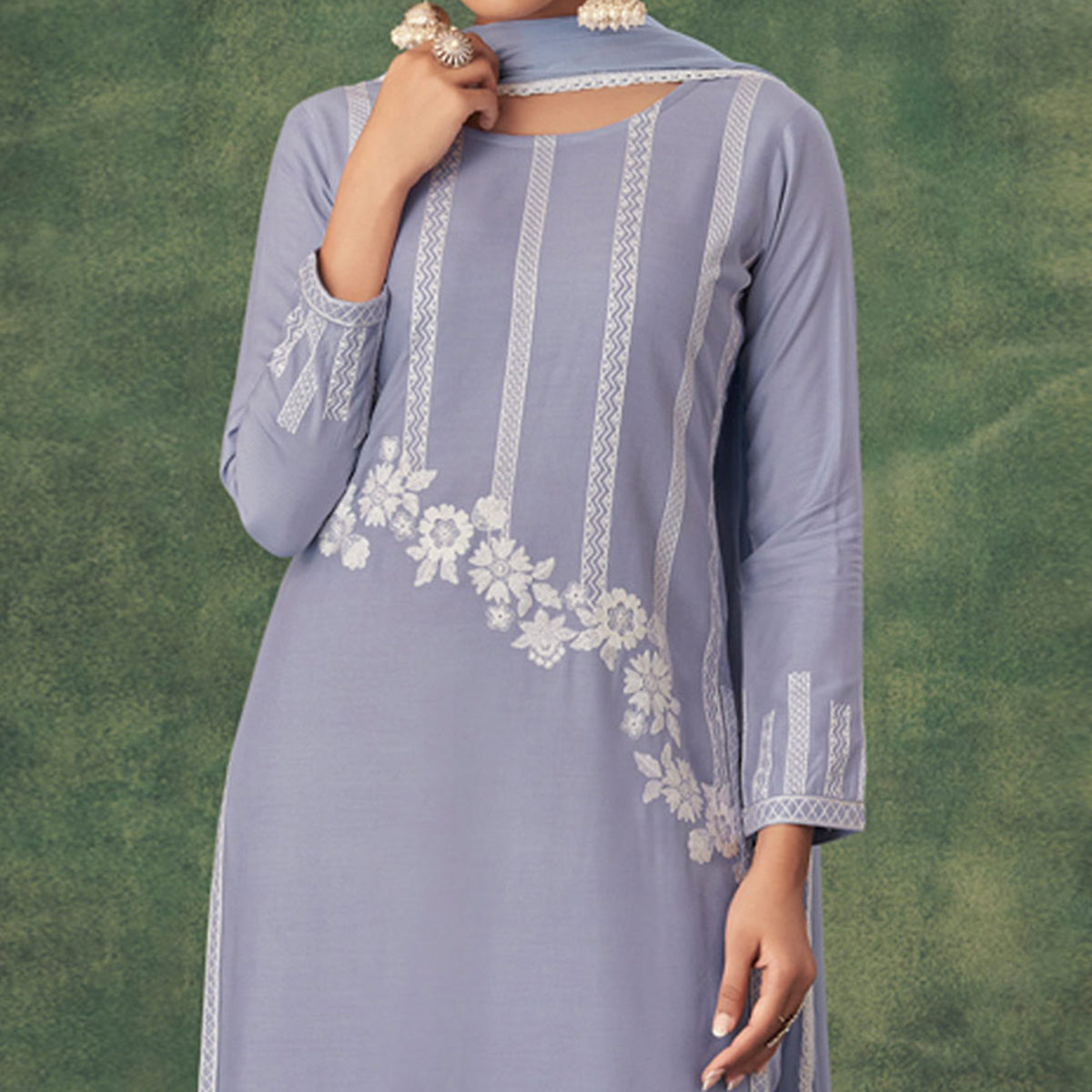 Peachmode Light Purple Floral Lucknowi Rayon Palazzo Suit - view 3