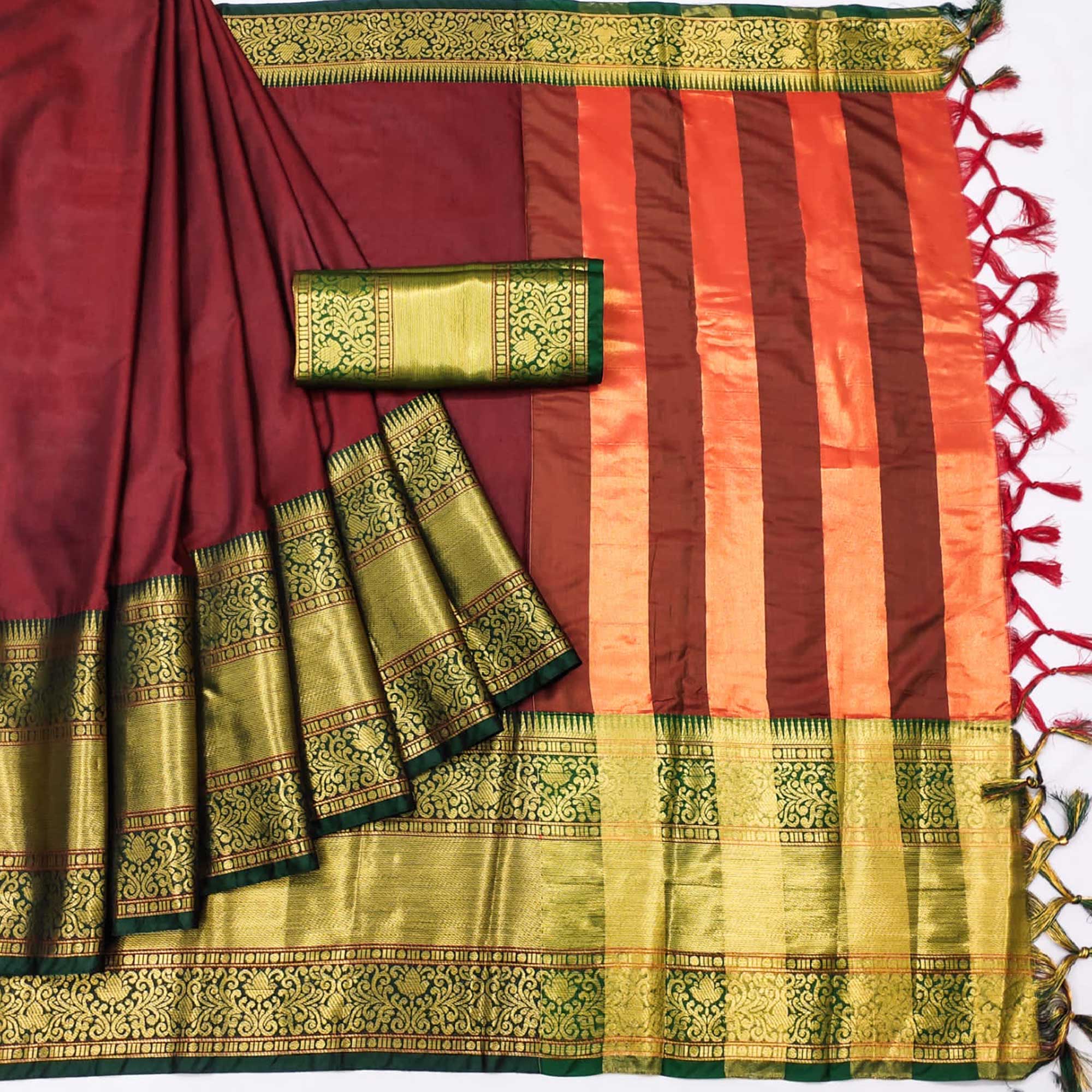 Peachmode Maroon Woven Cotton Silk Saree With Tassels - view 3