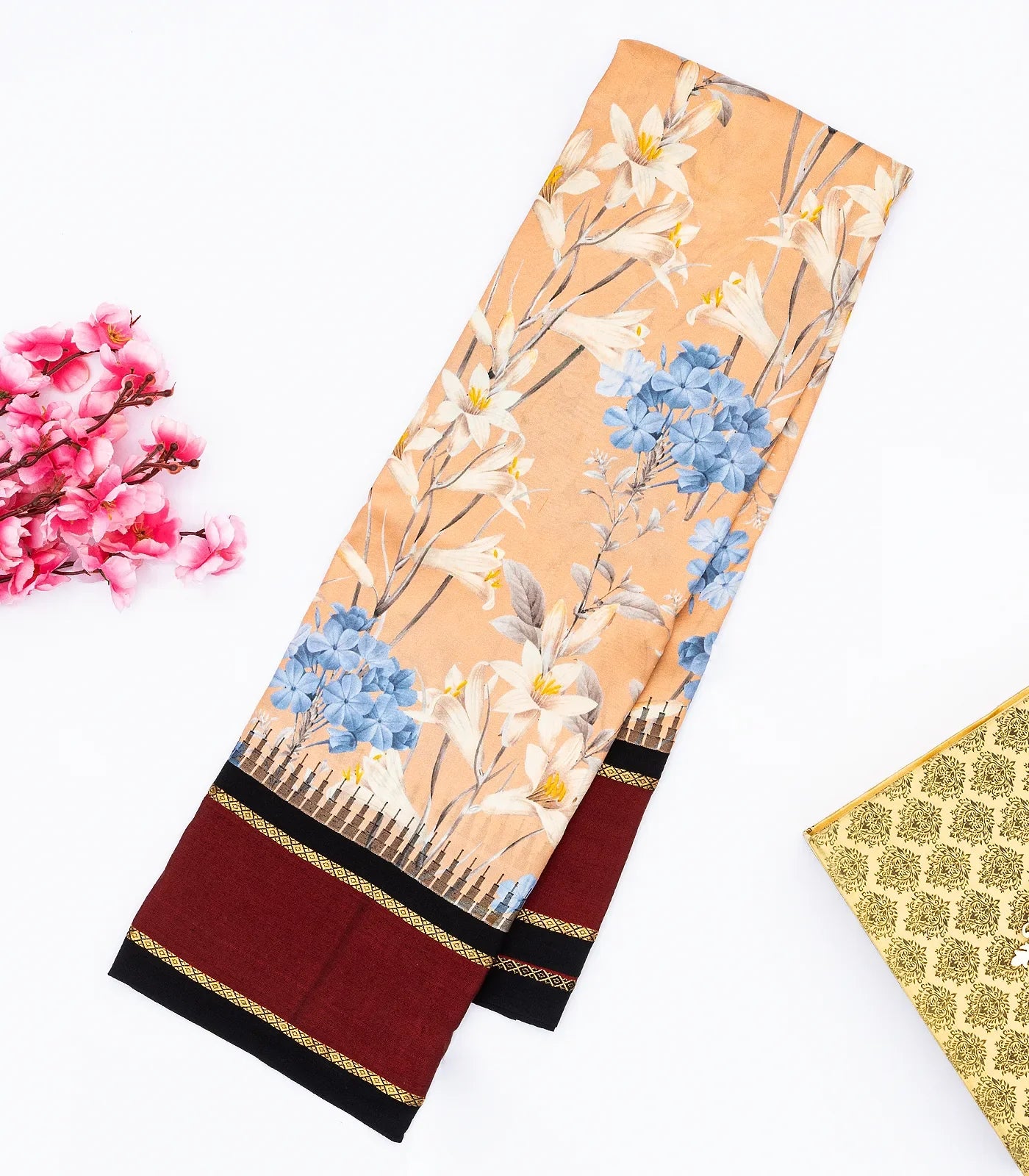 RmKV Light Peach Handloom Kanchipuram Korvai Silk Saree Printed With Floral Motifs