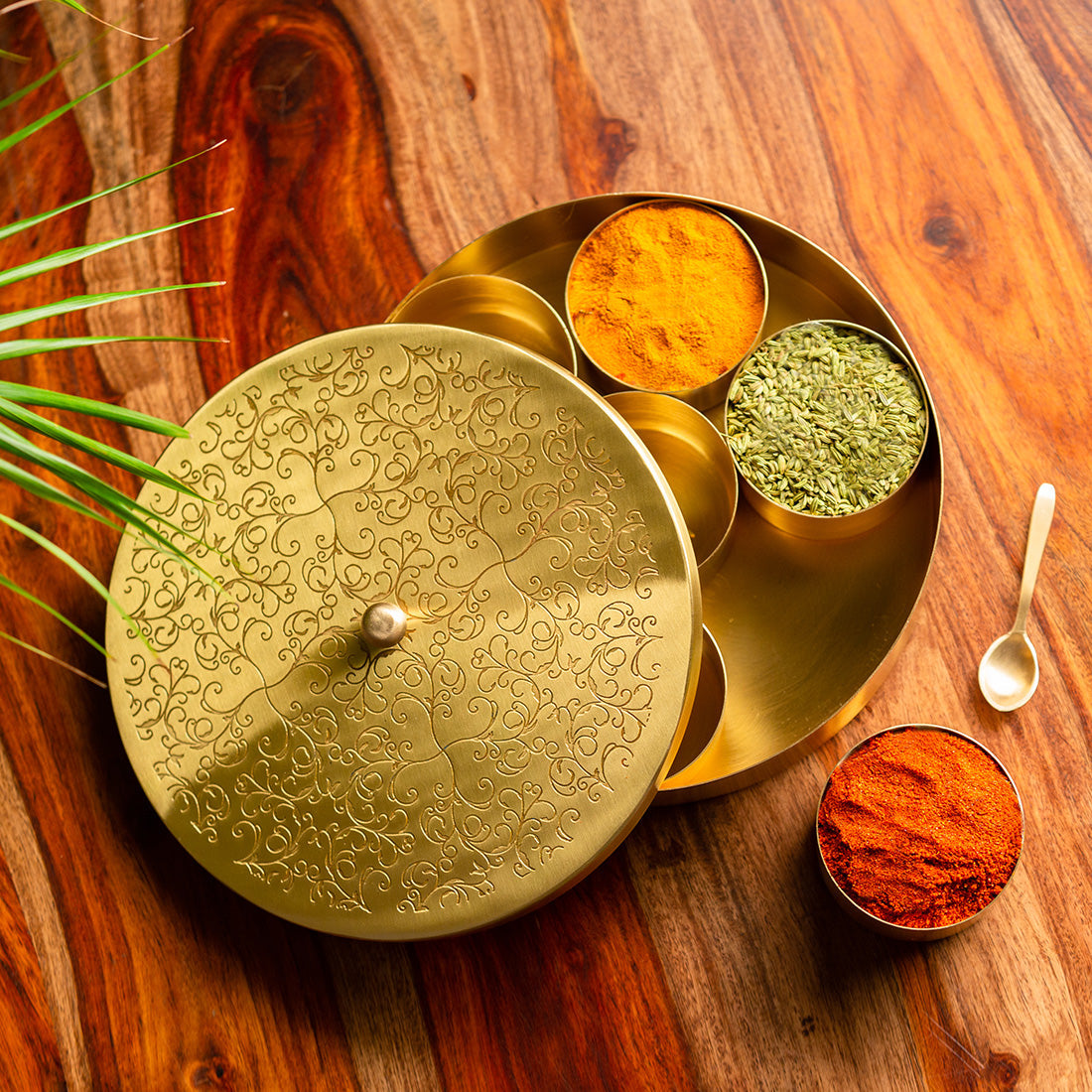 EXCLUSIVELANE 'Floral-Etched' Handcrafted Spice Box In Brass With Spoon (7 Containers, 40 ML)