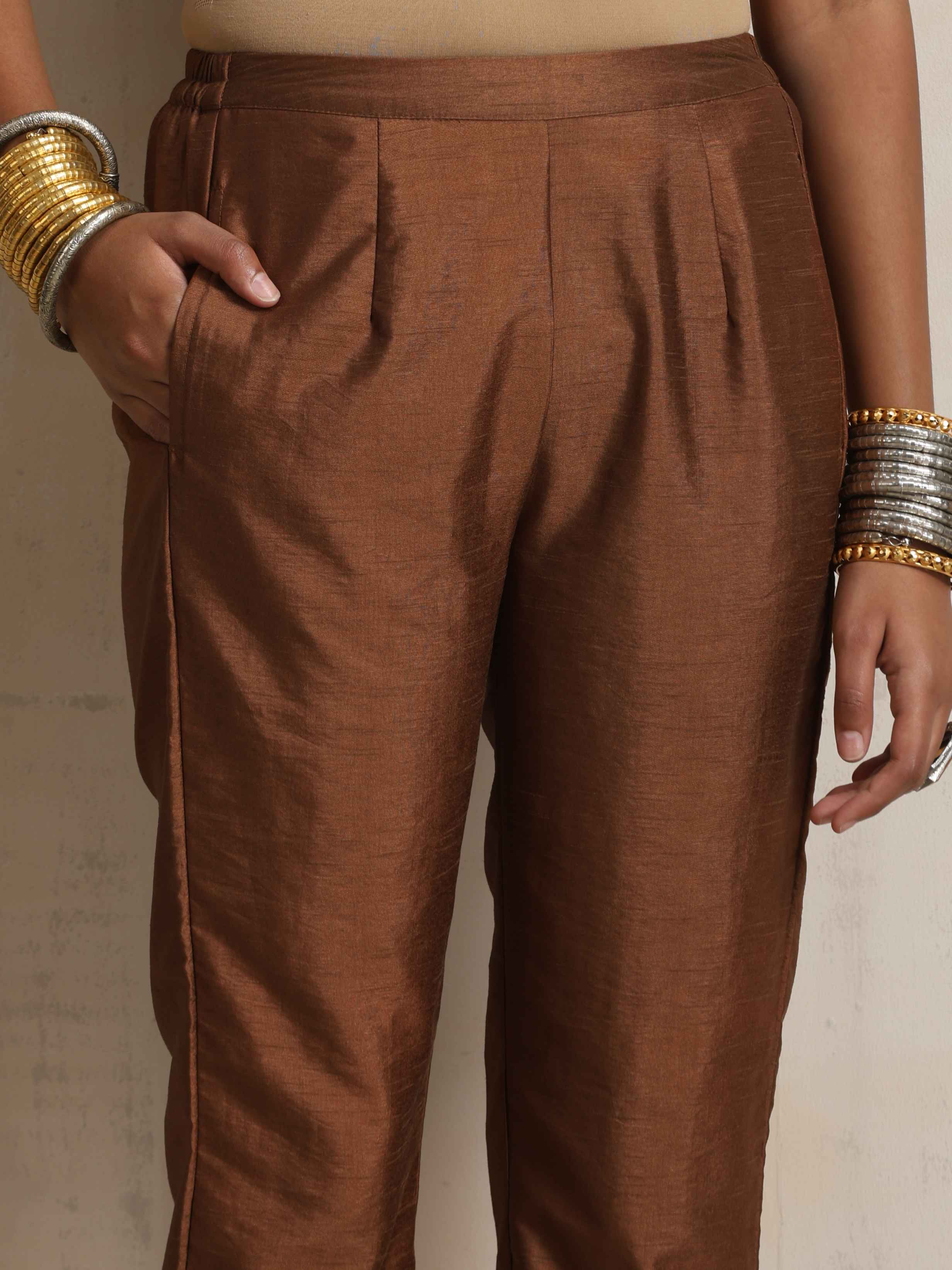 trueBrowns Brown Silk Slit Kurta Set - view 7