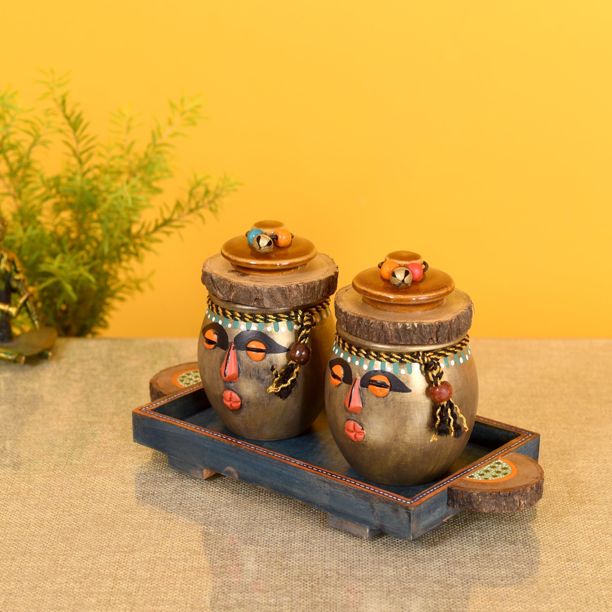 ART CREATIONS BY SUMAN SONTHALIA Brown - Happy Tribals Storage Jars and Handcrafted Tray (Set of 3) - view 2
