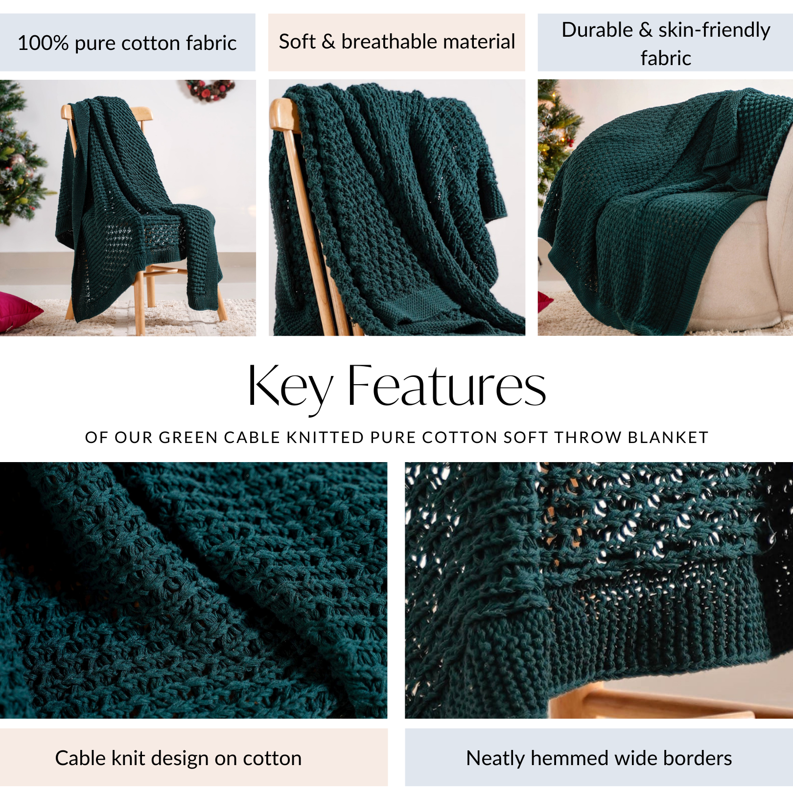 Nestasia Green Cable Knitted Pure Cotton Soft Throw Blanket - view 5